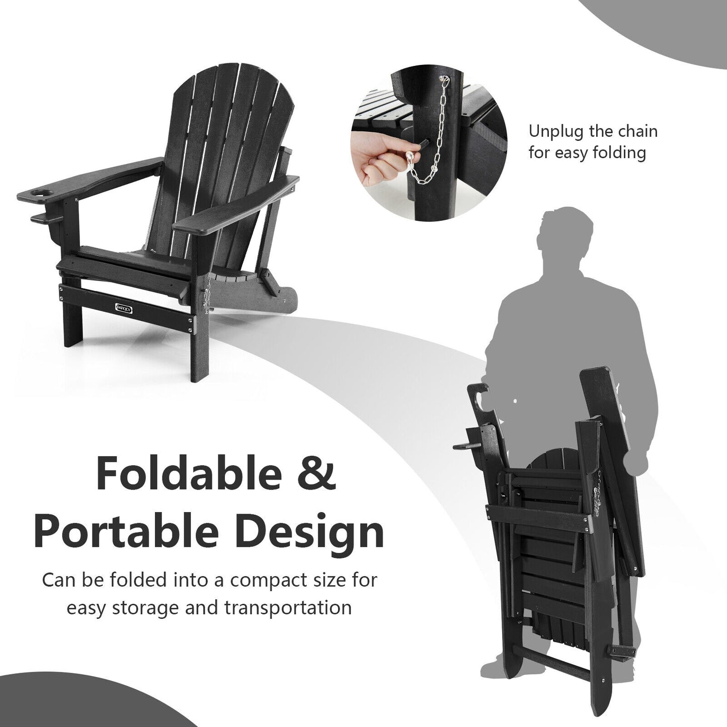 Patio All-Weather Folding Adirondack Chair with Pull-Out Ottoman-Black