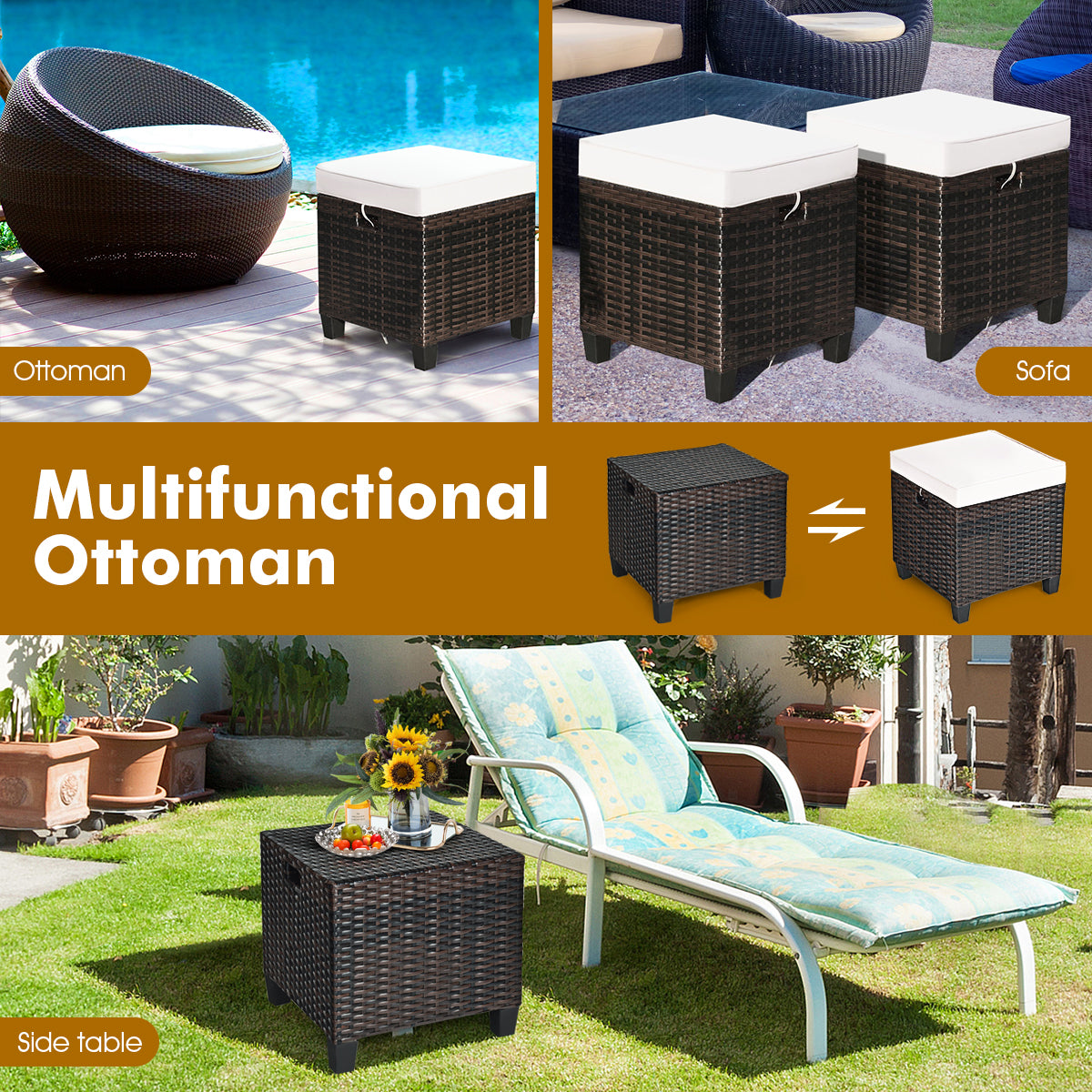 2 Pieces Patio Rattan Ottoman Cushioned Seat-Beige