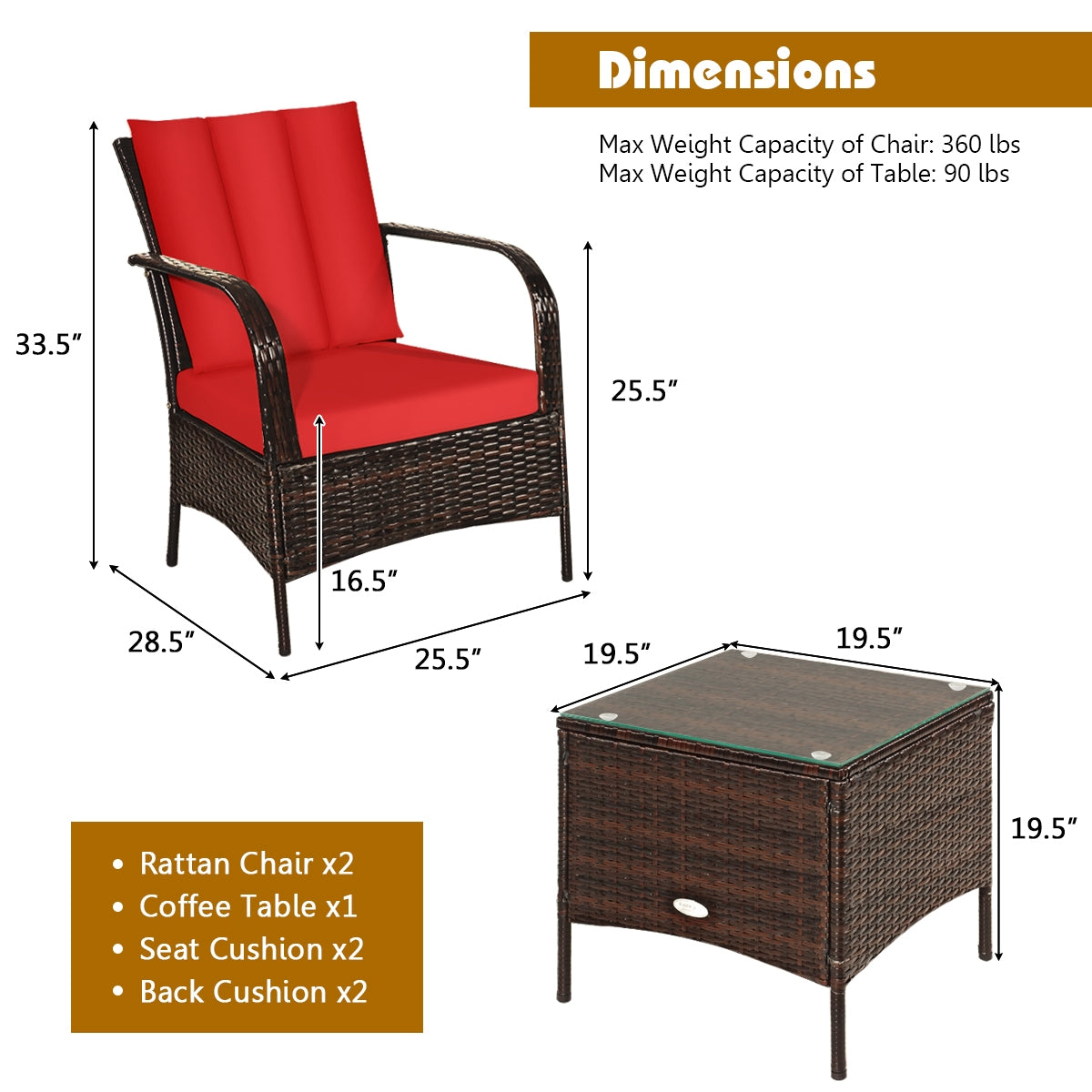 3 Pieces Patio Conversation Rattan Furniture Set with Cushions-Red