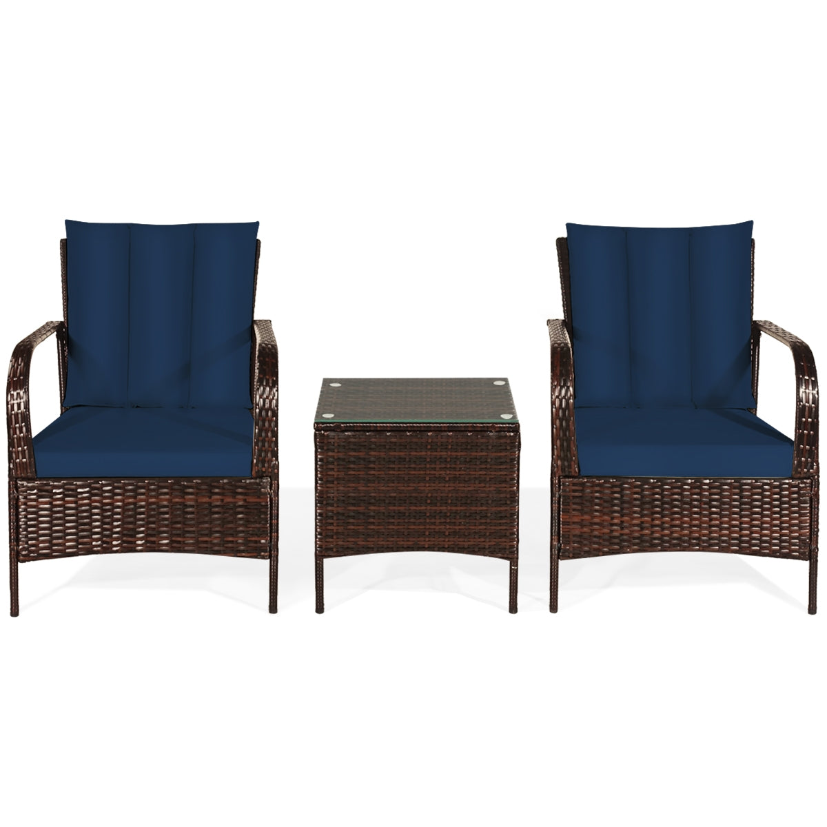3 Pieces Patio Conversation Rattan Furniture Set with Cushions-Navy