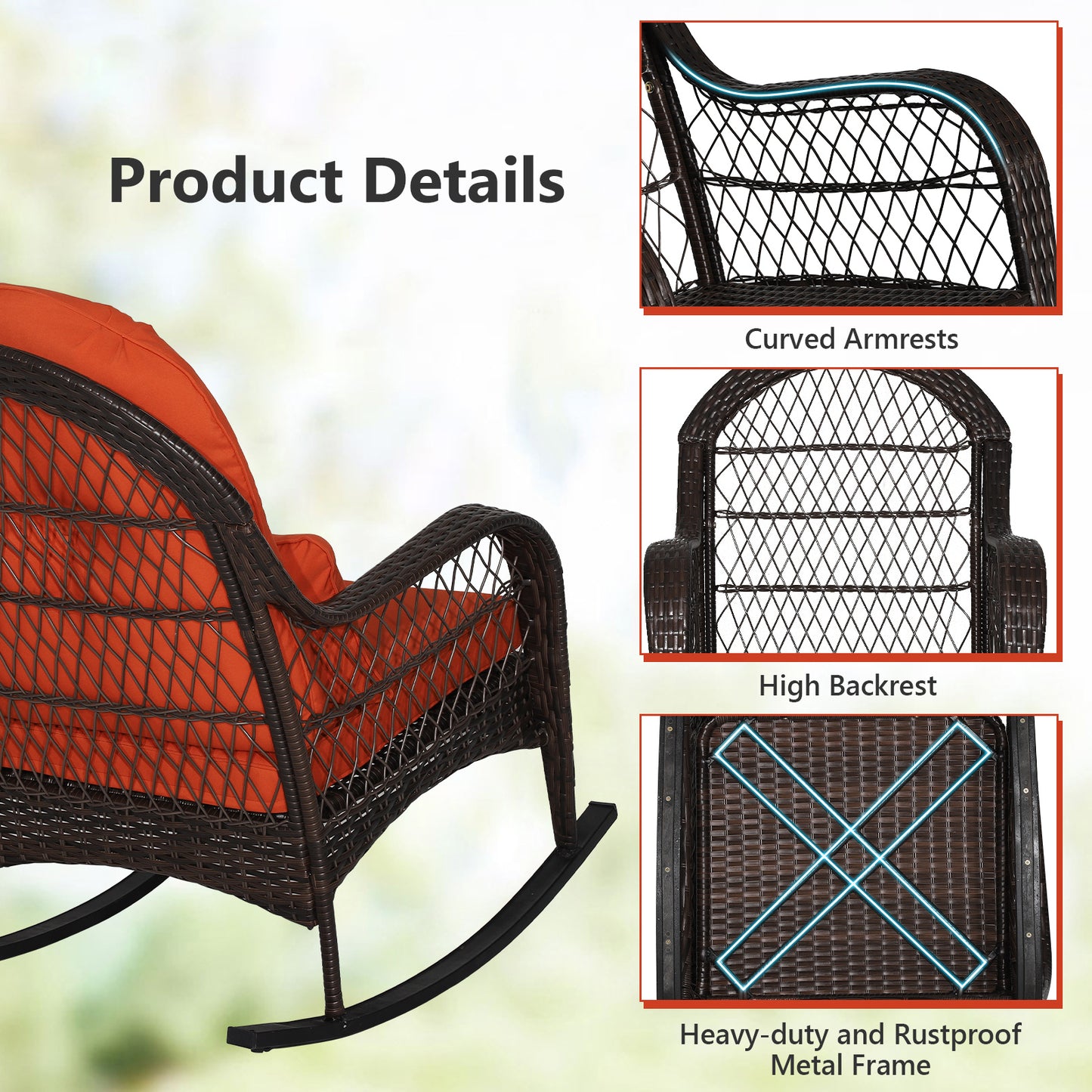 Patio Rattan Rocking Chair with Seat Back Cushions and Waist Pillow-Red
