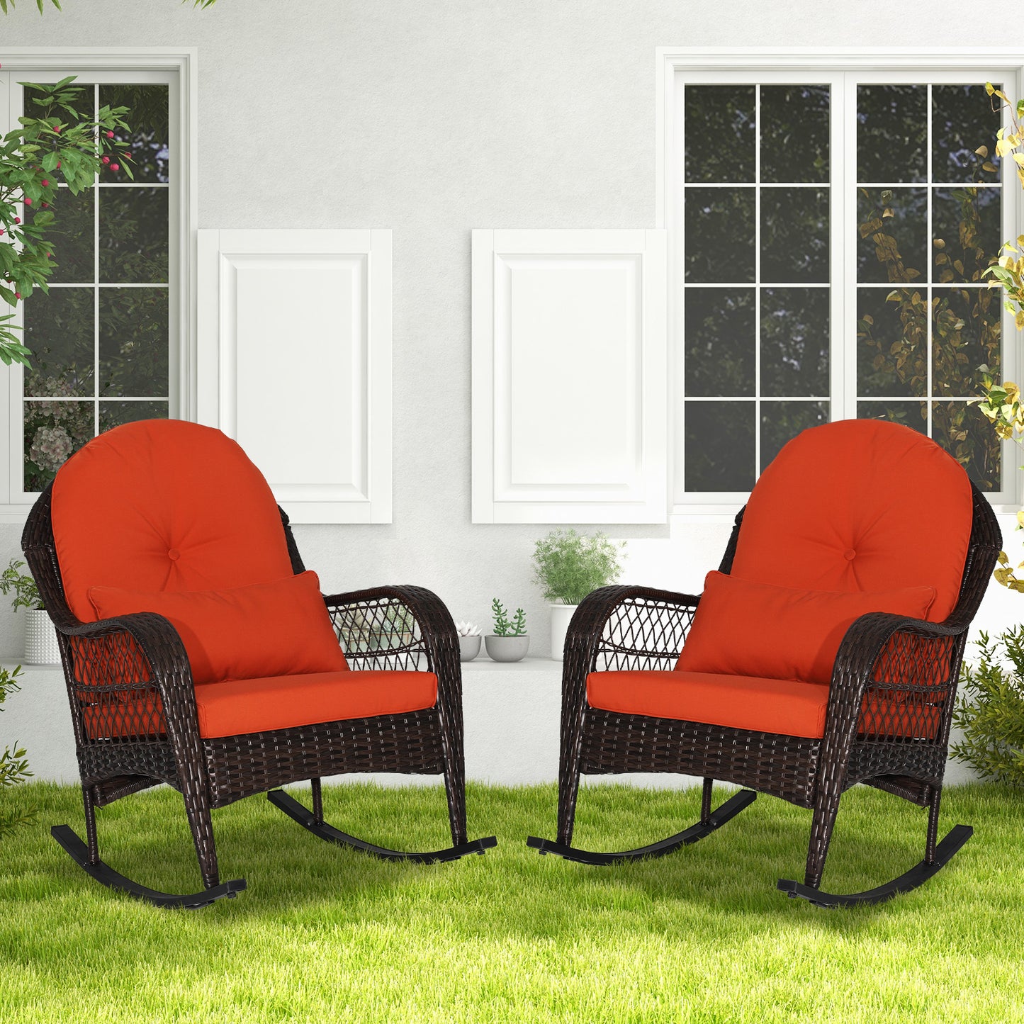 Patio Rattan Rocking Chair with Seat Back Cushions and Waist Pillow-Red