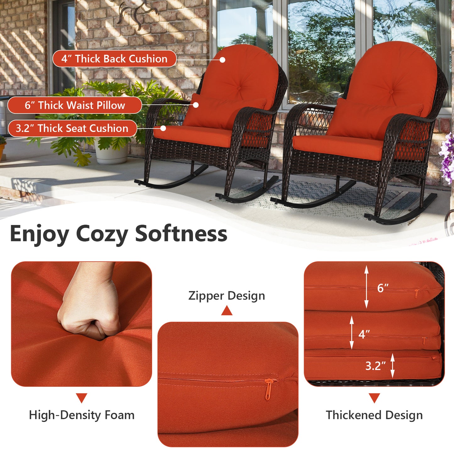 Patio Rattan Rocking Chair with Seat Back Cushions and Waist Pillow-Red