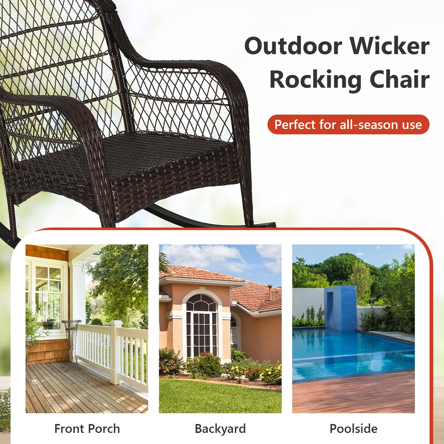 Patio Rattan Rocking Chair with Seat Back Cushions and Waist Pillow-Red