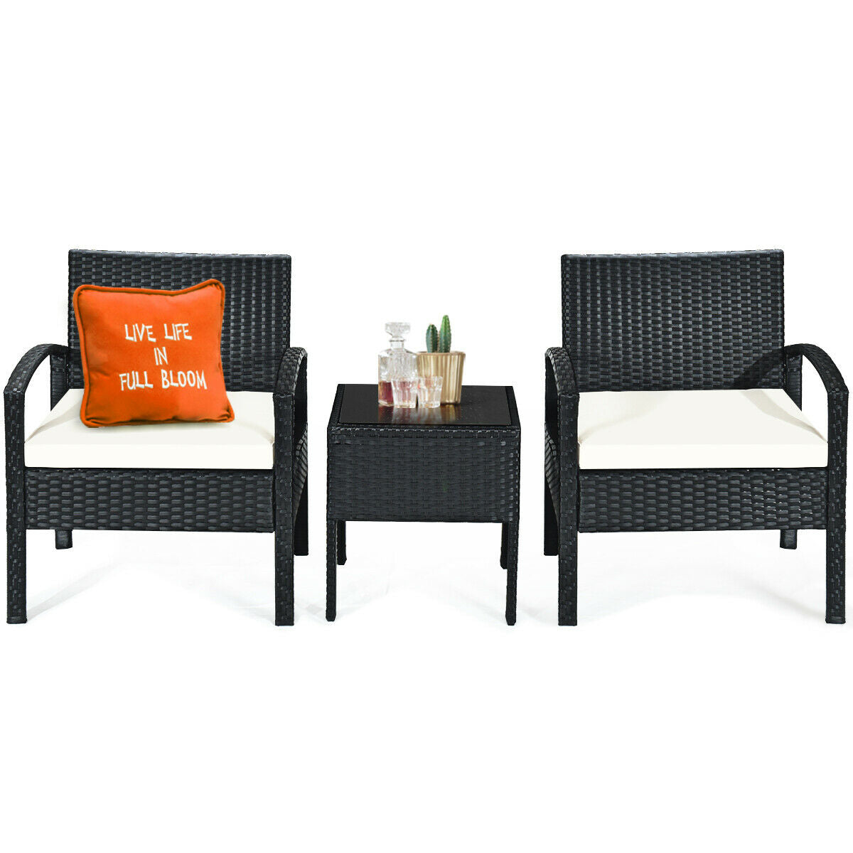 3 Piece Patio Rattan Furniture Set Sofa Cushioned Table Garden