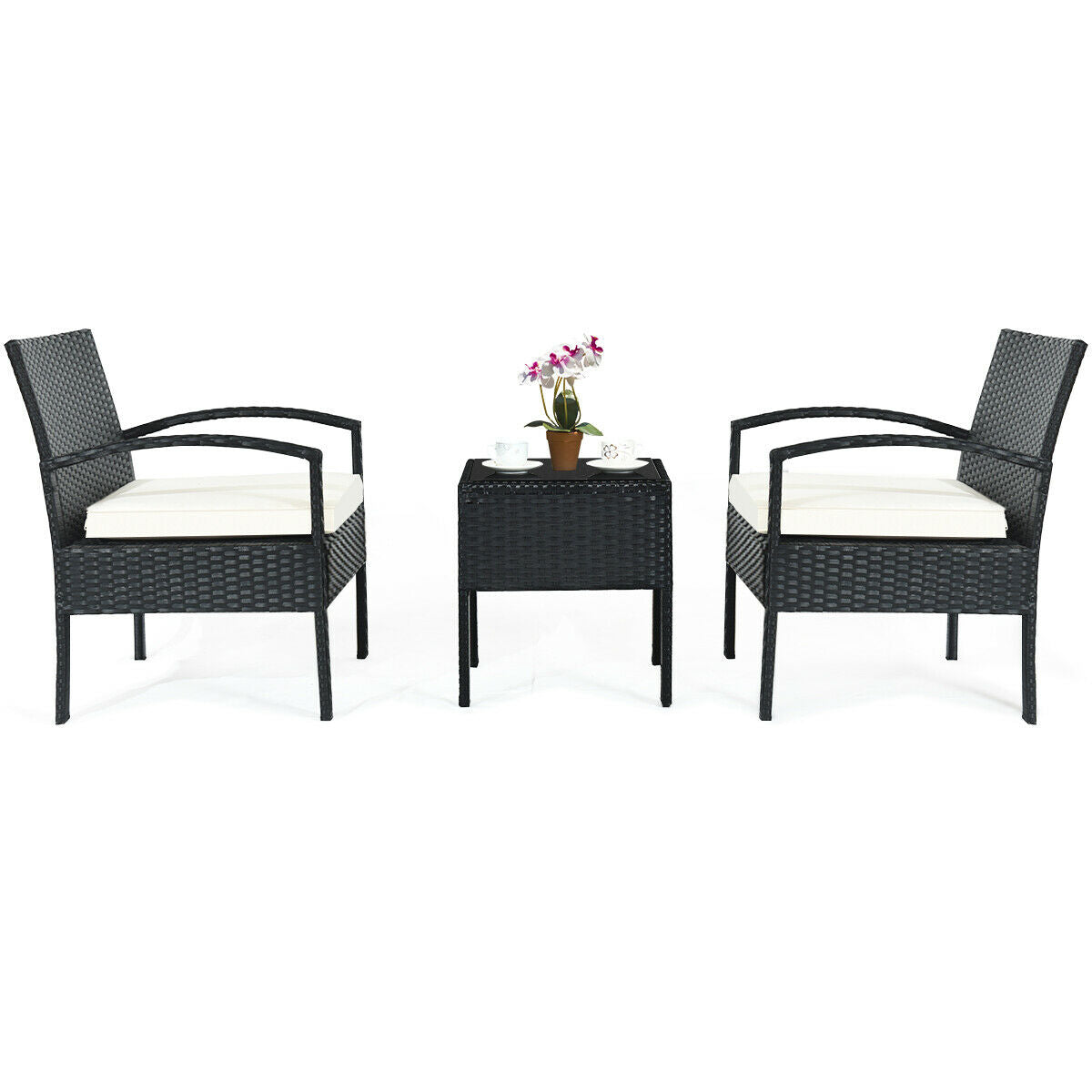 3 Piece Patio Rattan Furniture Set Sofa Cushioned Table Garden