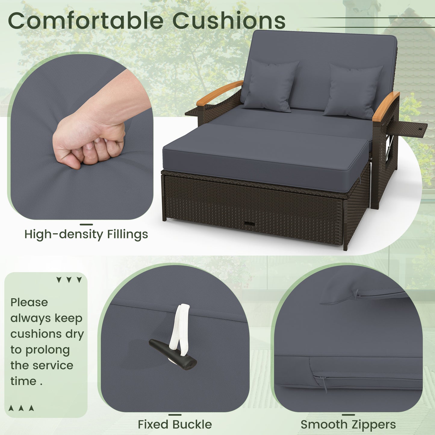 Outdoor Wicker Daybed with Folding Panels and Storage Ottoman-Gray