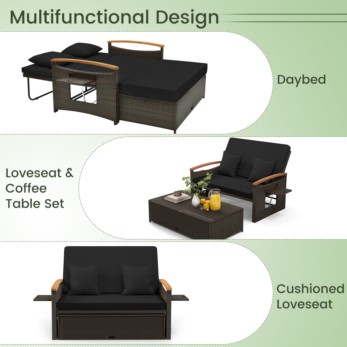 Outdoor Wicker Daybed with Folding Panels and Storage Ottoman-Black