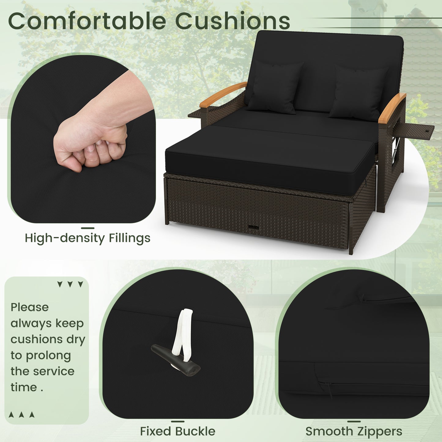 Outdoor Wicker Daybed with Folding Panels and Storage Ottoman-Black