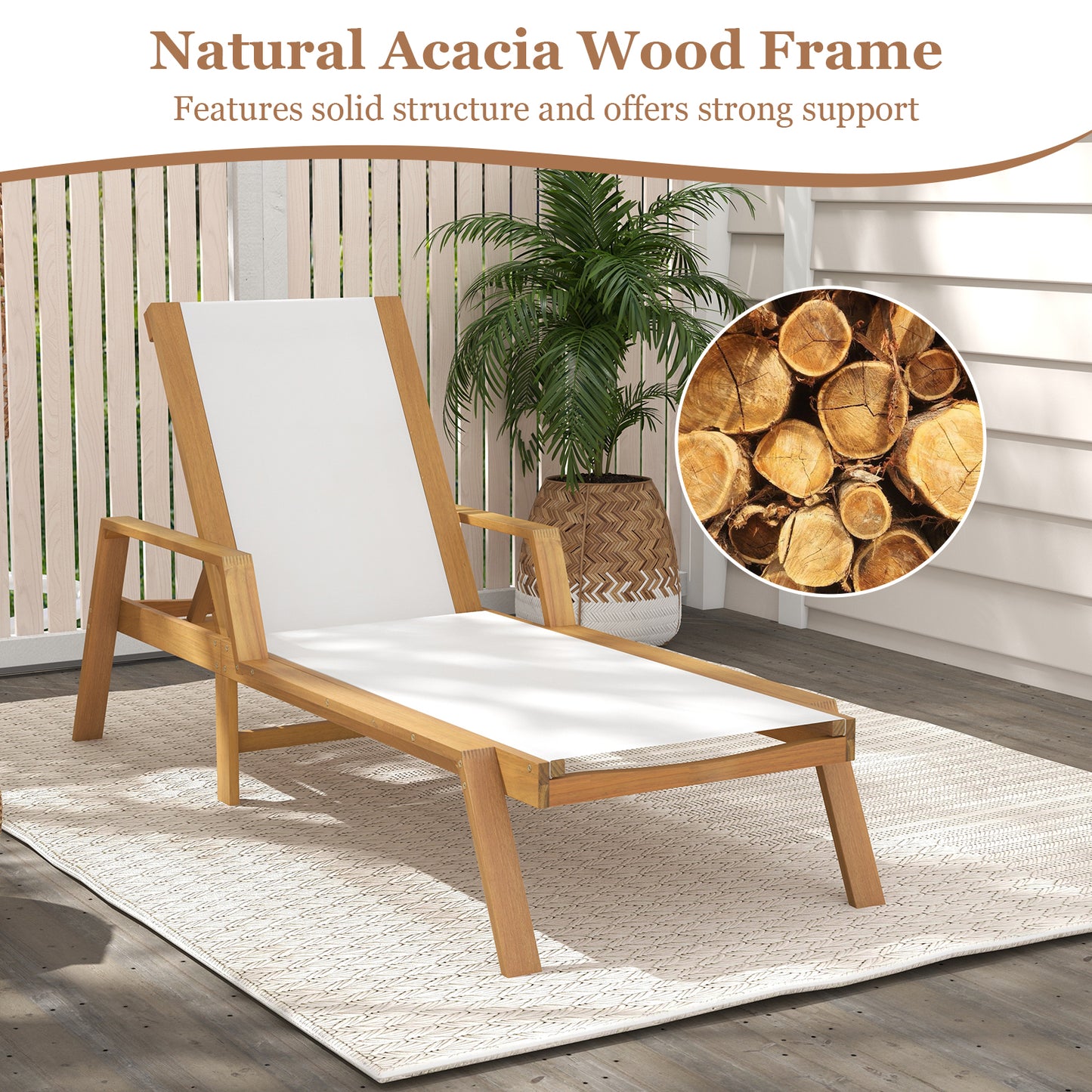 Patio Chaise Lounge Chair with Armrests and Fabric Seat for Backyard-White