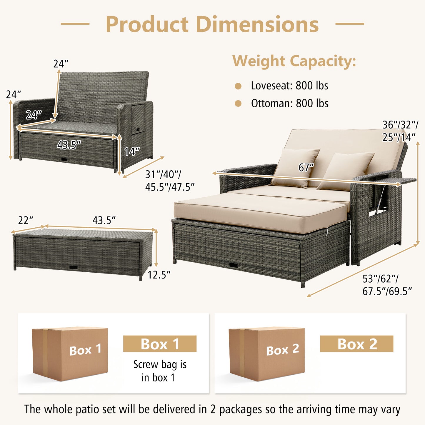 Patio Wicker Loveseat Sofa with Multipurpose Ottoman and Retractable Side Tray-Beige