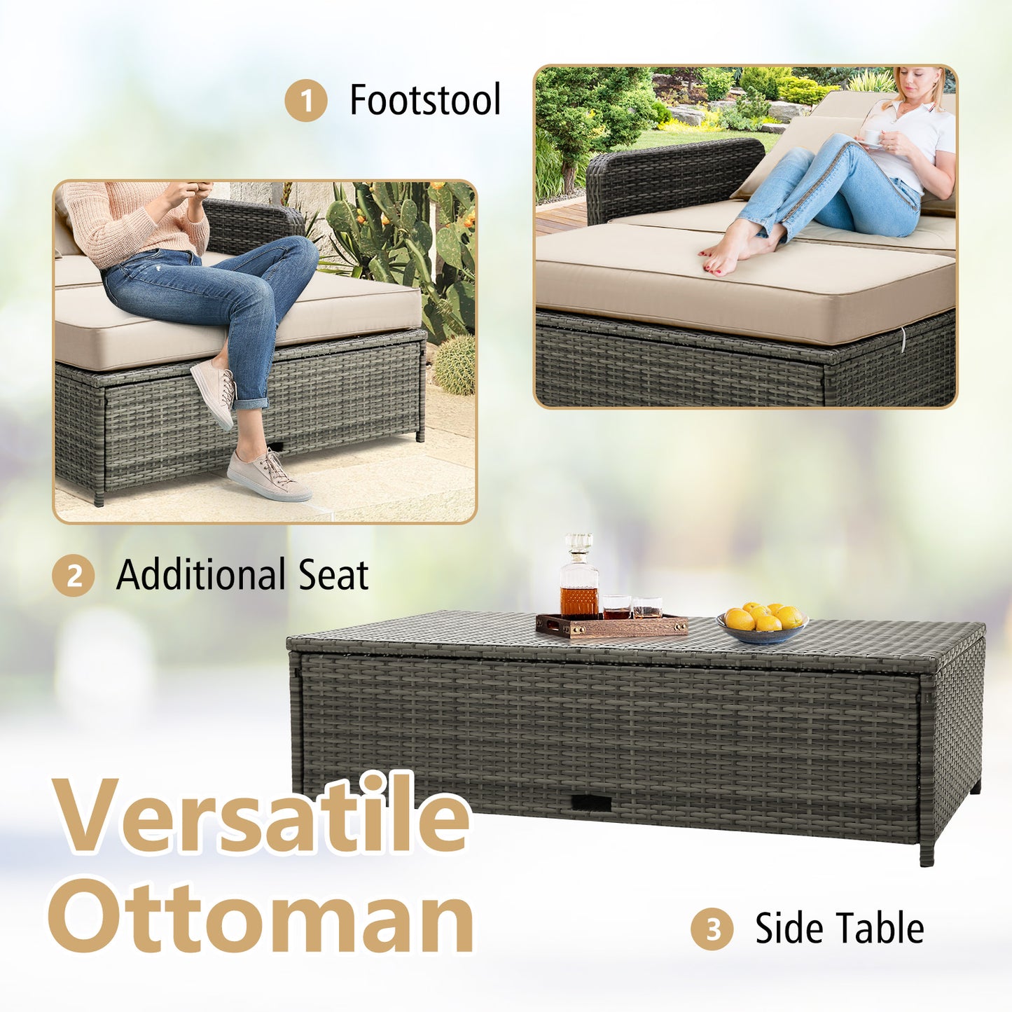 Patio Wicker Loveseat Sofa with Multipurpose Ottoman and Retractable Side Tray-Beige