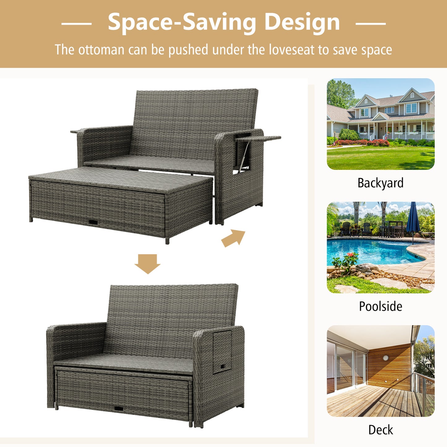 Patio Wicker Loveseat Sofa with Multipurpose Ottoman and Retractable Side Tray-Beige