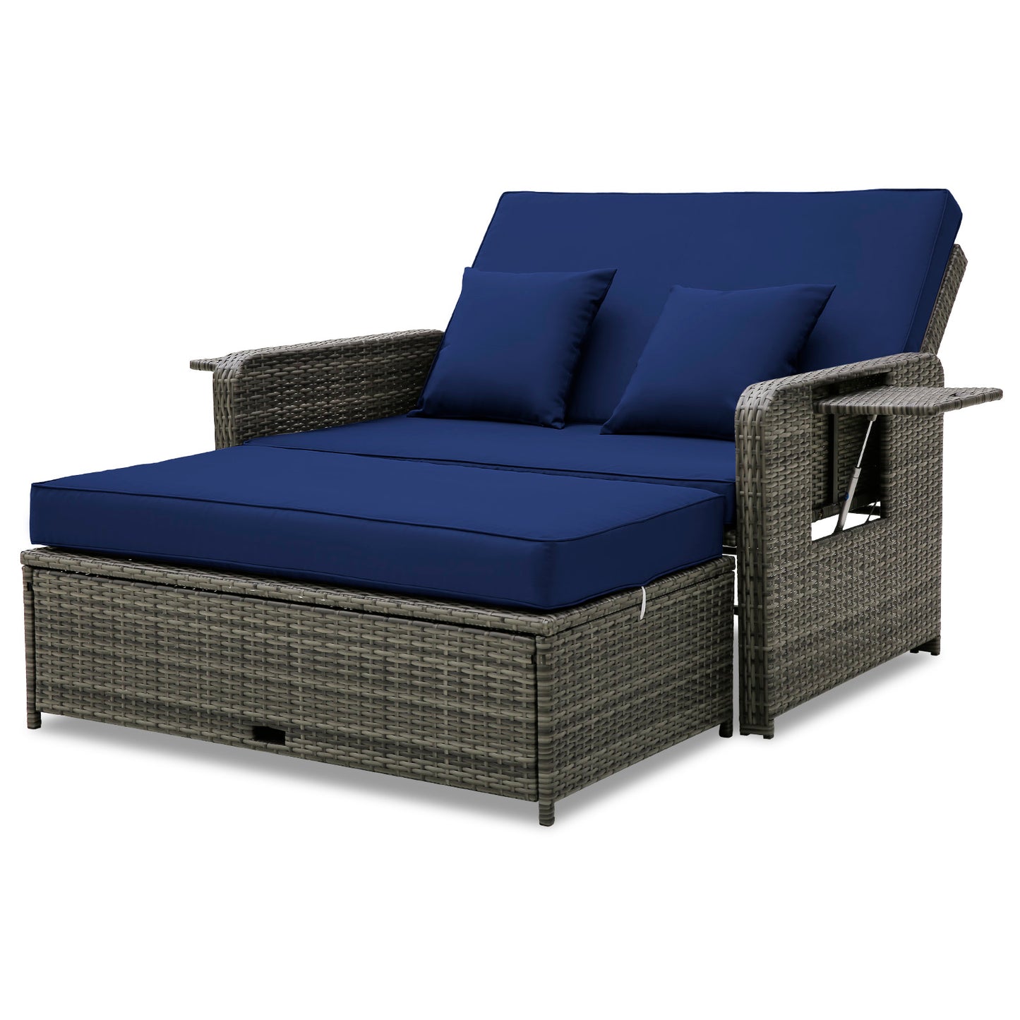 Patio Wicker Loveseat Sofa with Multipurpose Ottoman and Retractable Side Tray-Navy