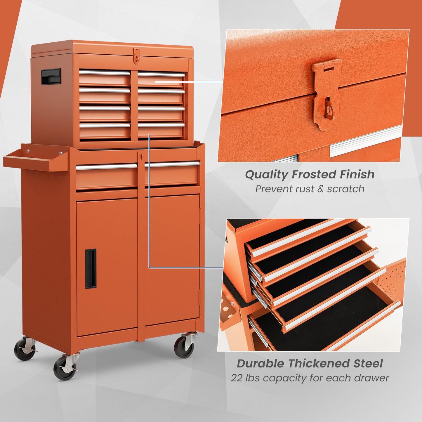 2-in-1 Rolling Tool Chest with 5 Sliding Lockable Drawers-Orange