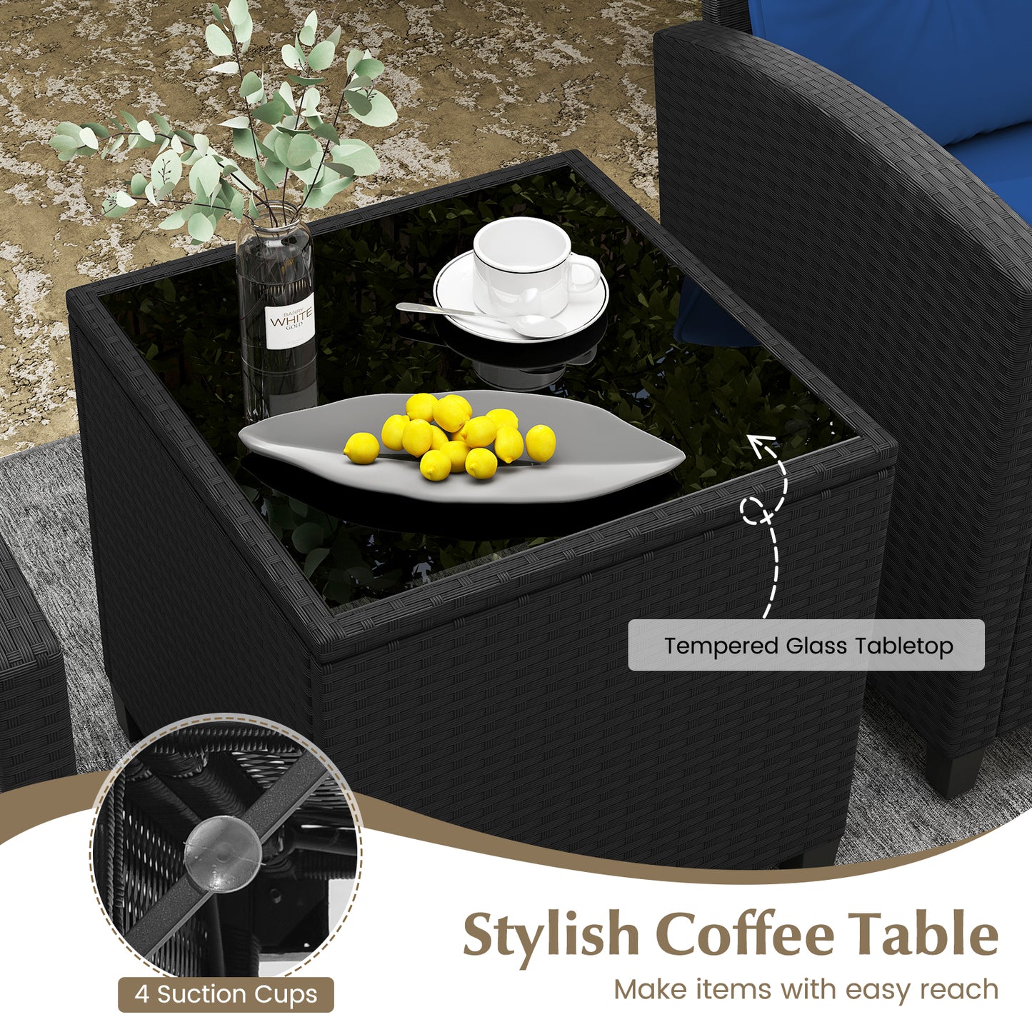 3 Pieces Patio Furniture Set with Tempered Glass Coffee Table-Navy