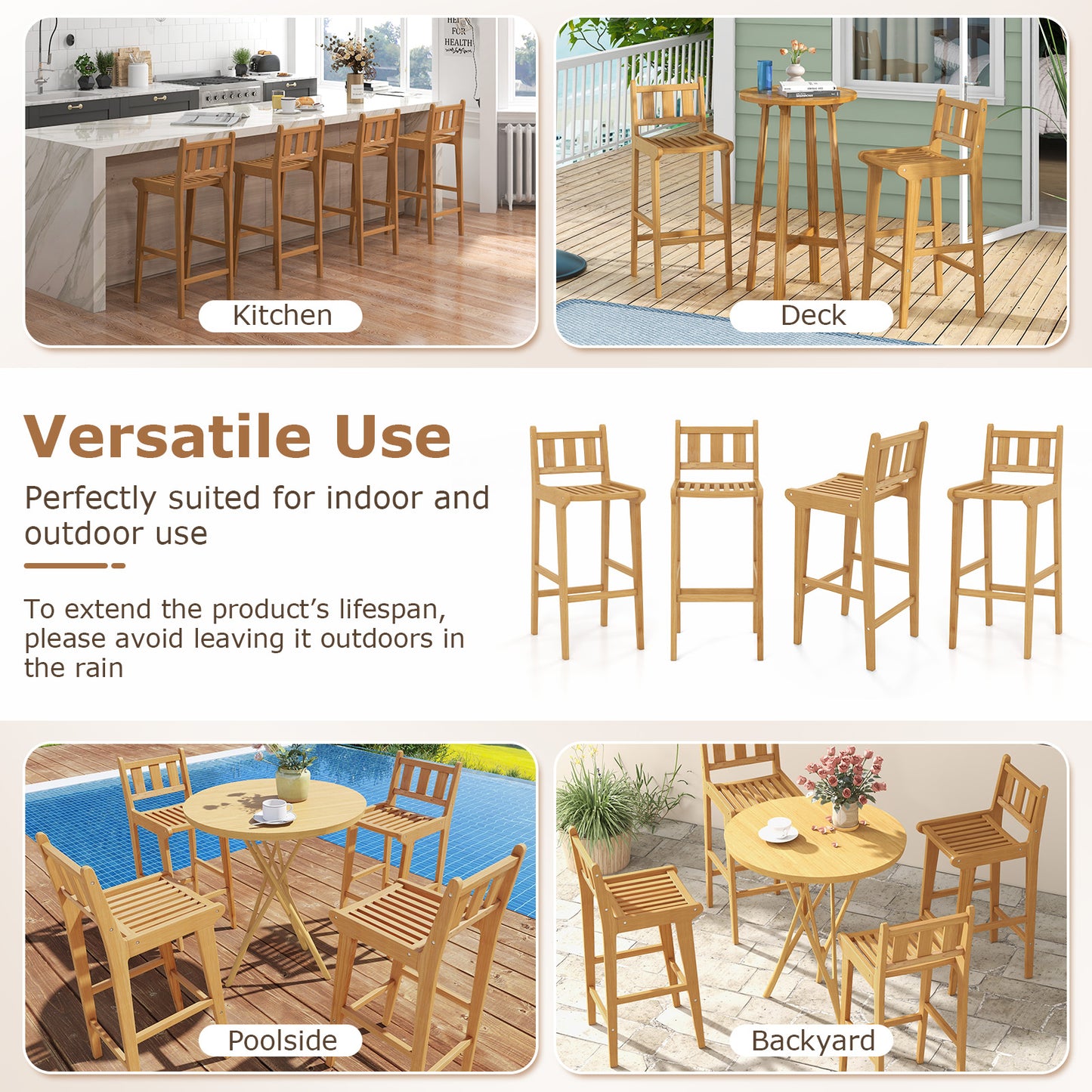 30 Inch Teak Wood Bar Chair with Footrest and Backrest for Deck Poolside Garden