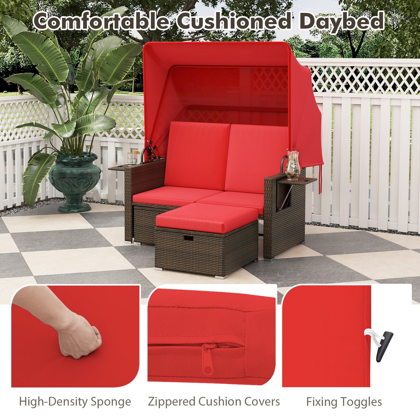 Outdoor Patio Rattan Daybed with Retractable Canopy and Adjustable Backrests-Red