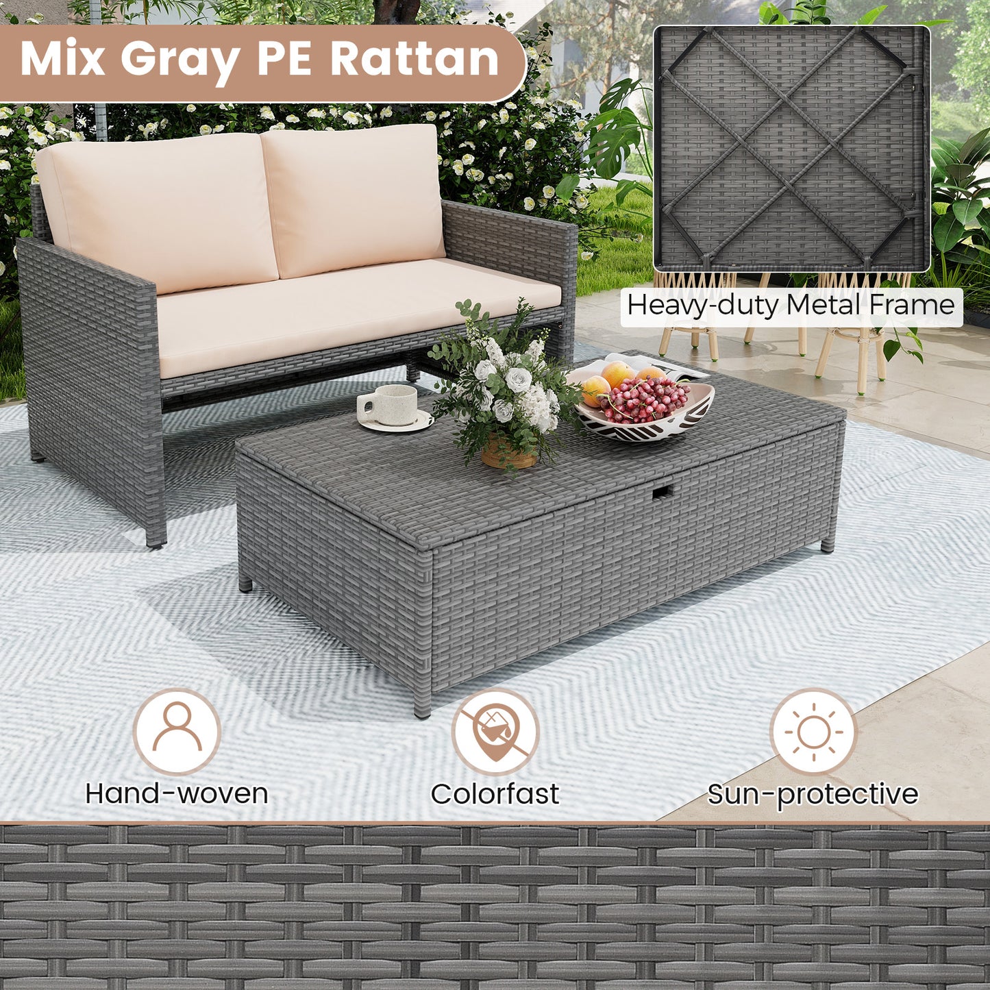 Outdoor Rattan Daybed Wicker Loveseat and 31 Gallon Storage Ottoman-Brown