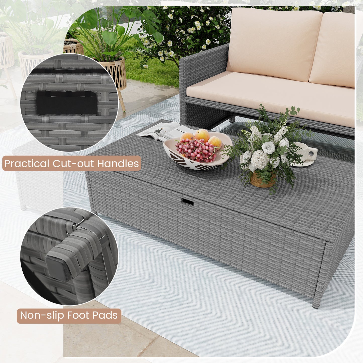 Outdoor Rattan Daybed Wicker Loveseat and 31 Gallon Storage Ottoman-Brown