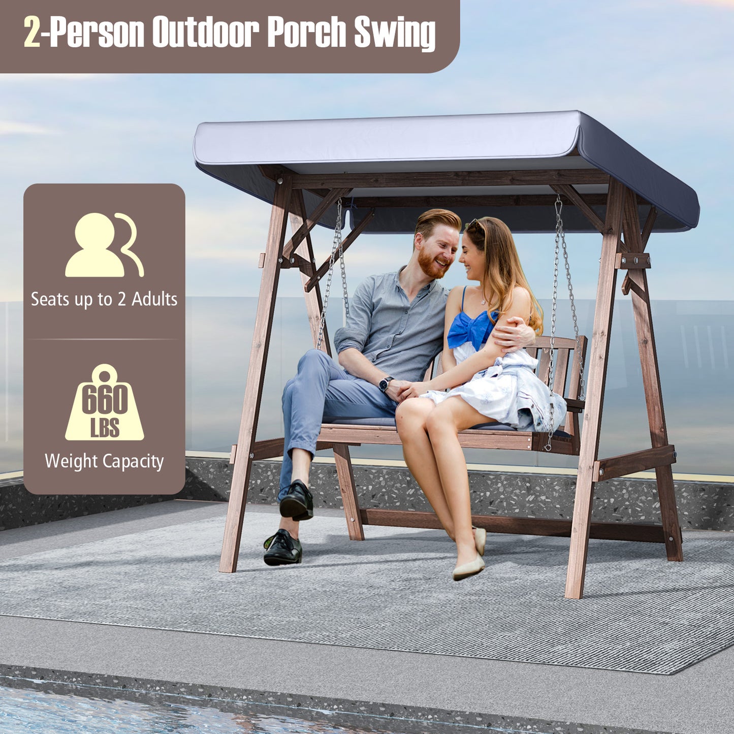2-Person Porch Swing with Fir Wood Stand and Tilt Canopy-Brown