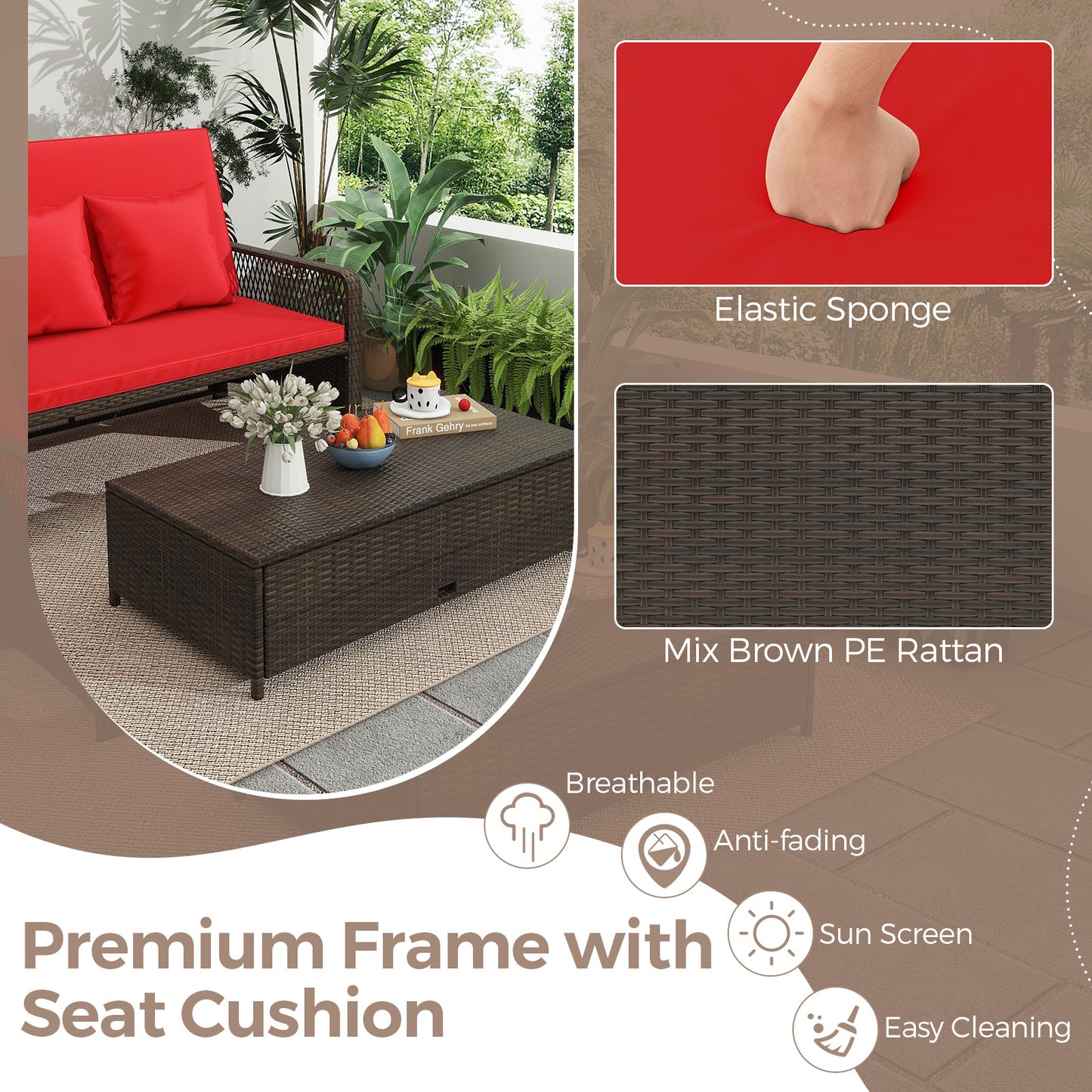 Patio Adjustable Wicker Daybed with 4-Level Backrest and Soft Cushions-Red