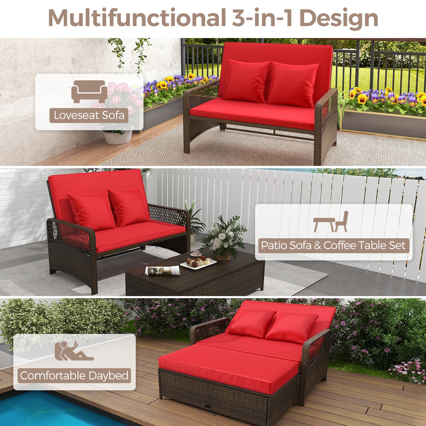 Patio Adjustable Wicker Daybed with 4-Level Backrest and Soft Cushions-Red