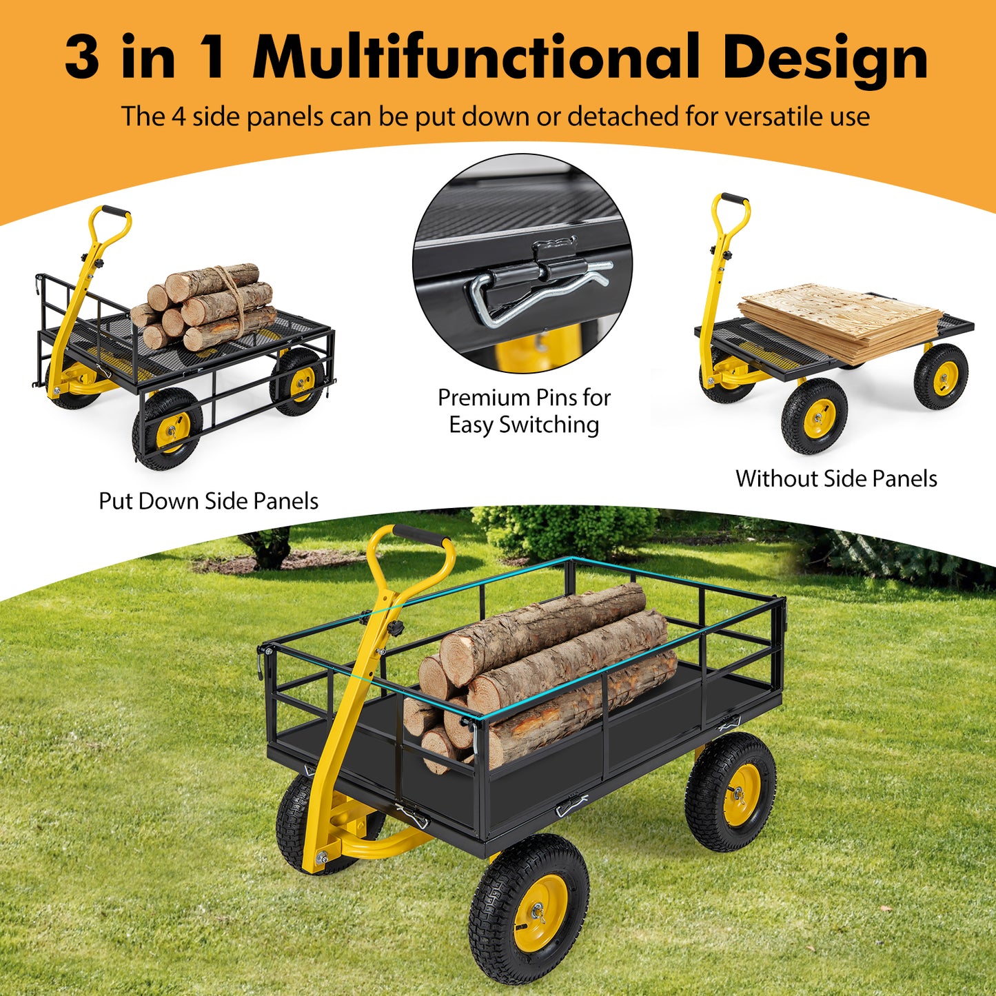 Utility Garden Wagon with 4 Removable Side Panels and 900/1200 LBS Load Capacity-53" x 30" x 42"
