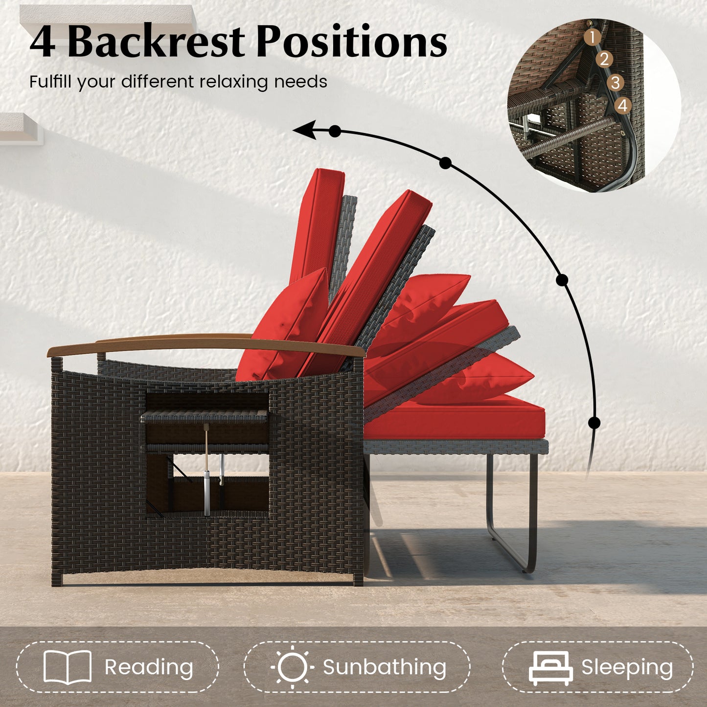 Outdoor Wicker Daybed with Folding Panels and Storage Ottoman-Red