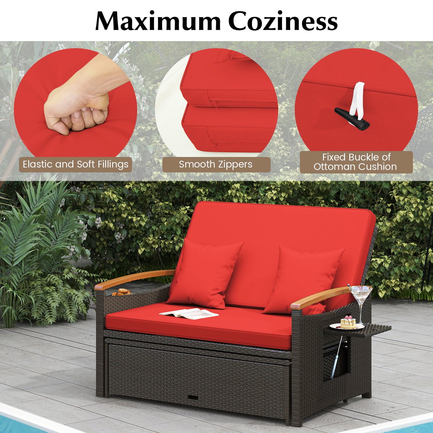 Outdoor Wicker Daybed with Folding Panels and Storage Ottoman-Red