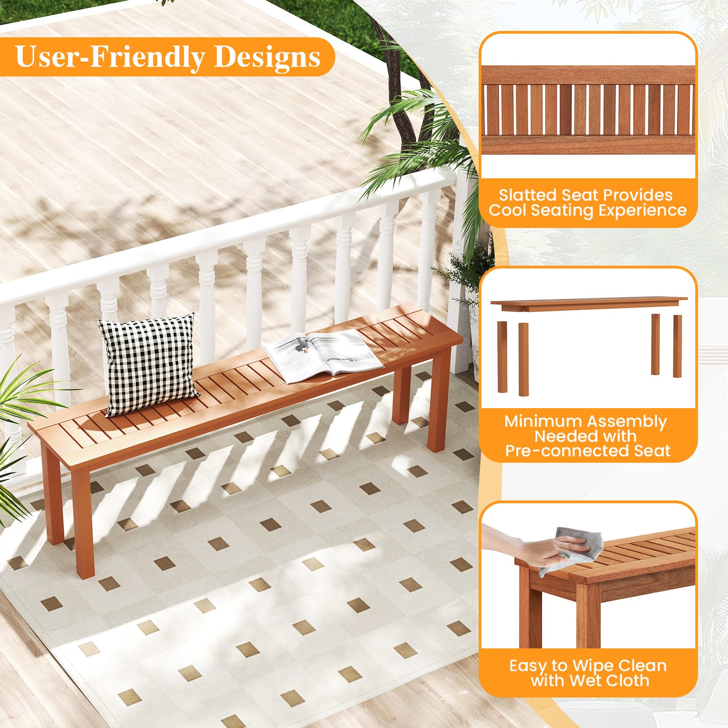 Outdoor 59 Inch Long Patio Dining Backless Wooden Bench with Teak Oil Finish