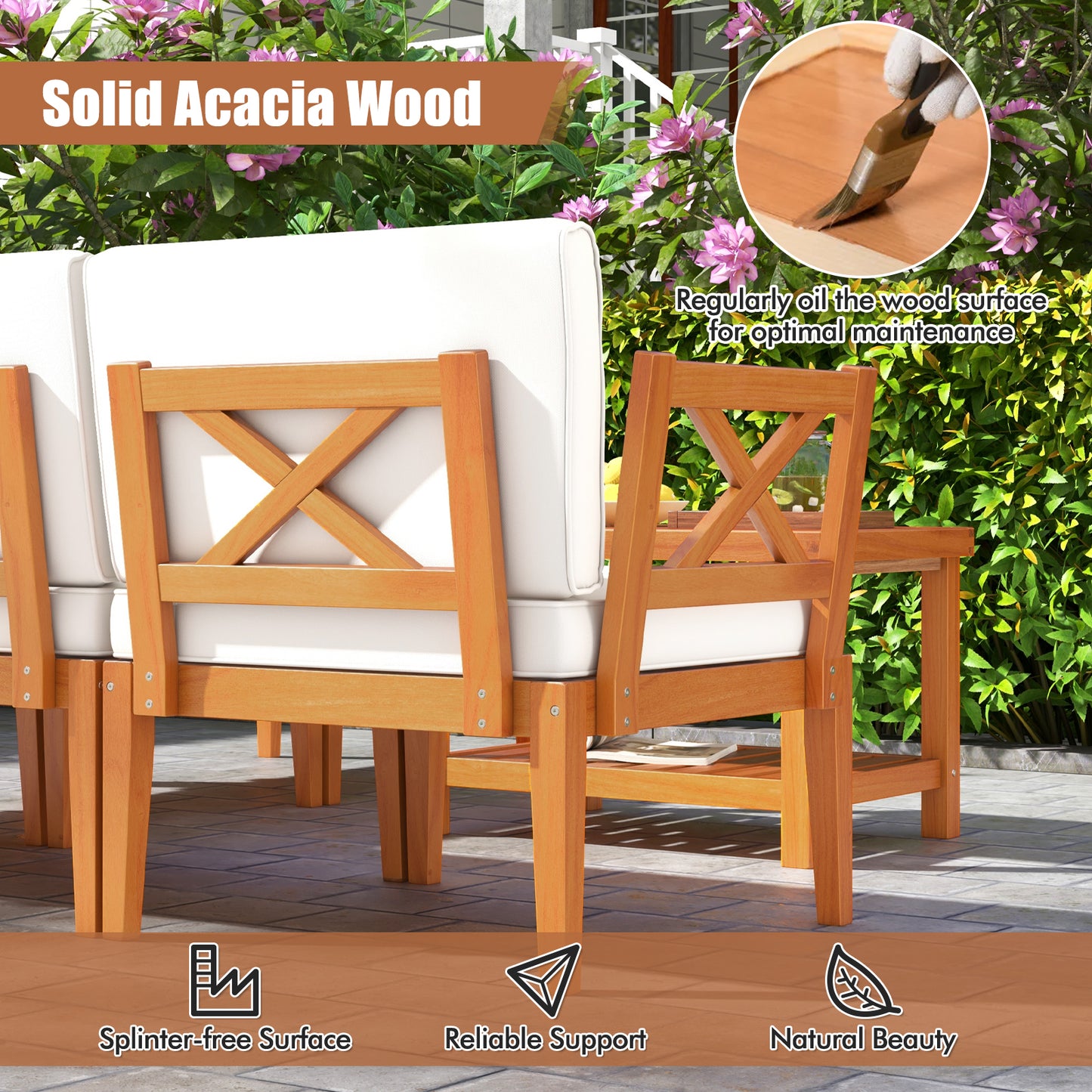 6 Pieces Acacia Wood Patio Furniture Set with Cushions and 2-Tier Coffee Table-White