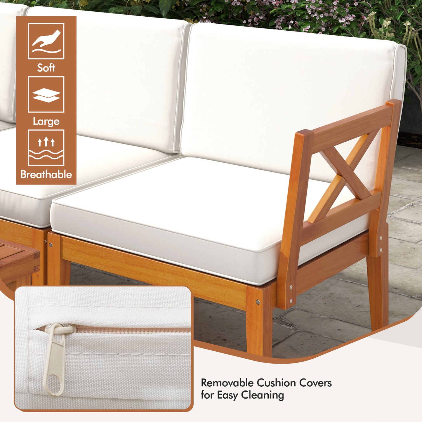 6 Pieces Acacia Wood Patio Furniture Set with Cushions and 2-Tier Coffee Table-White