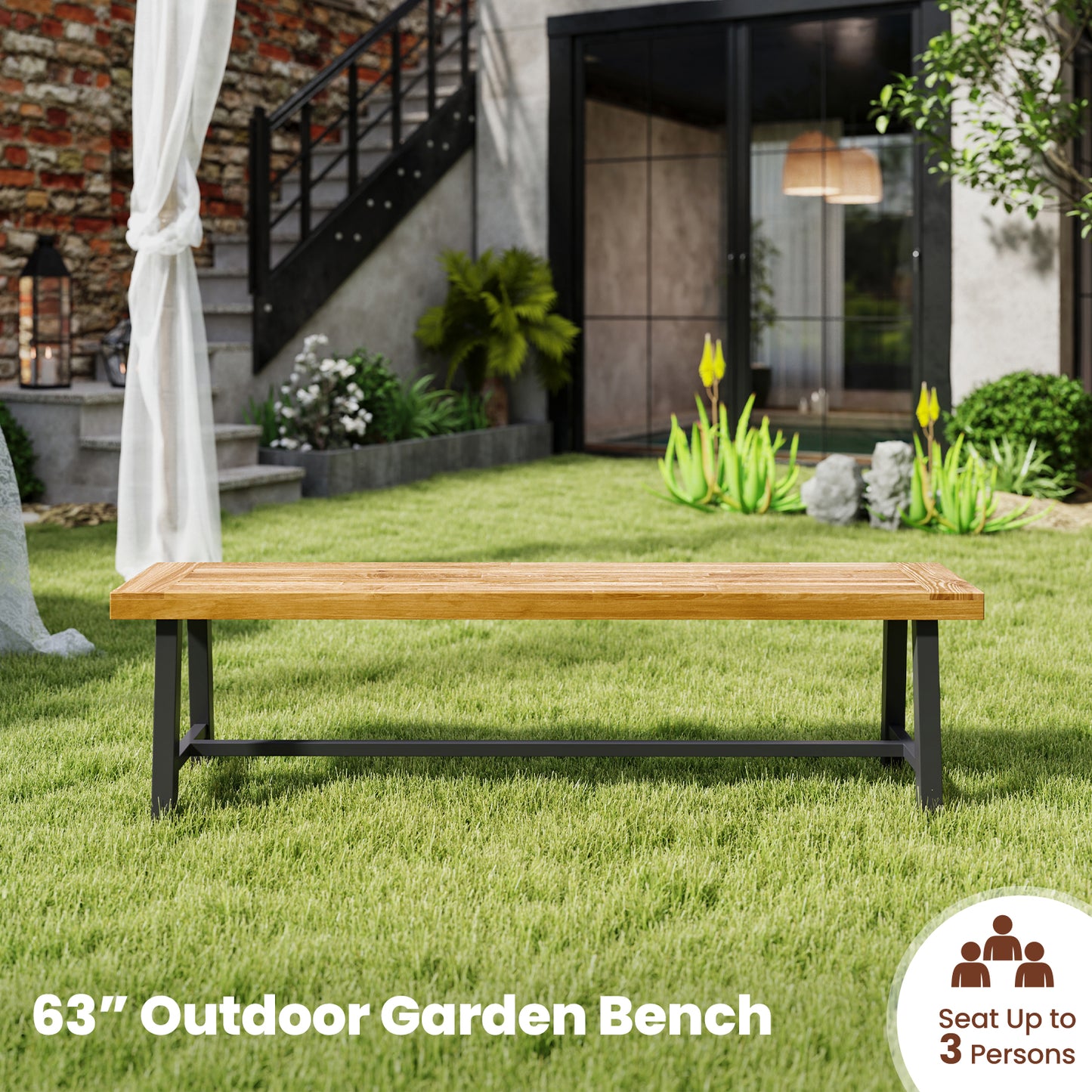63 Inch 3-Person Acacia Patio Wood Outdoor Backless Bench-Set of 1
