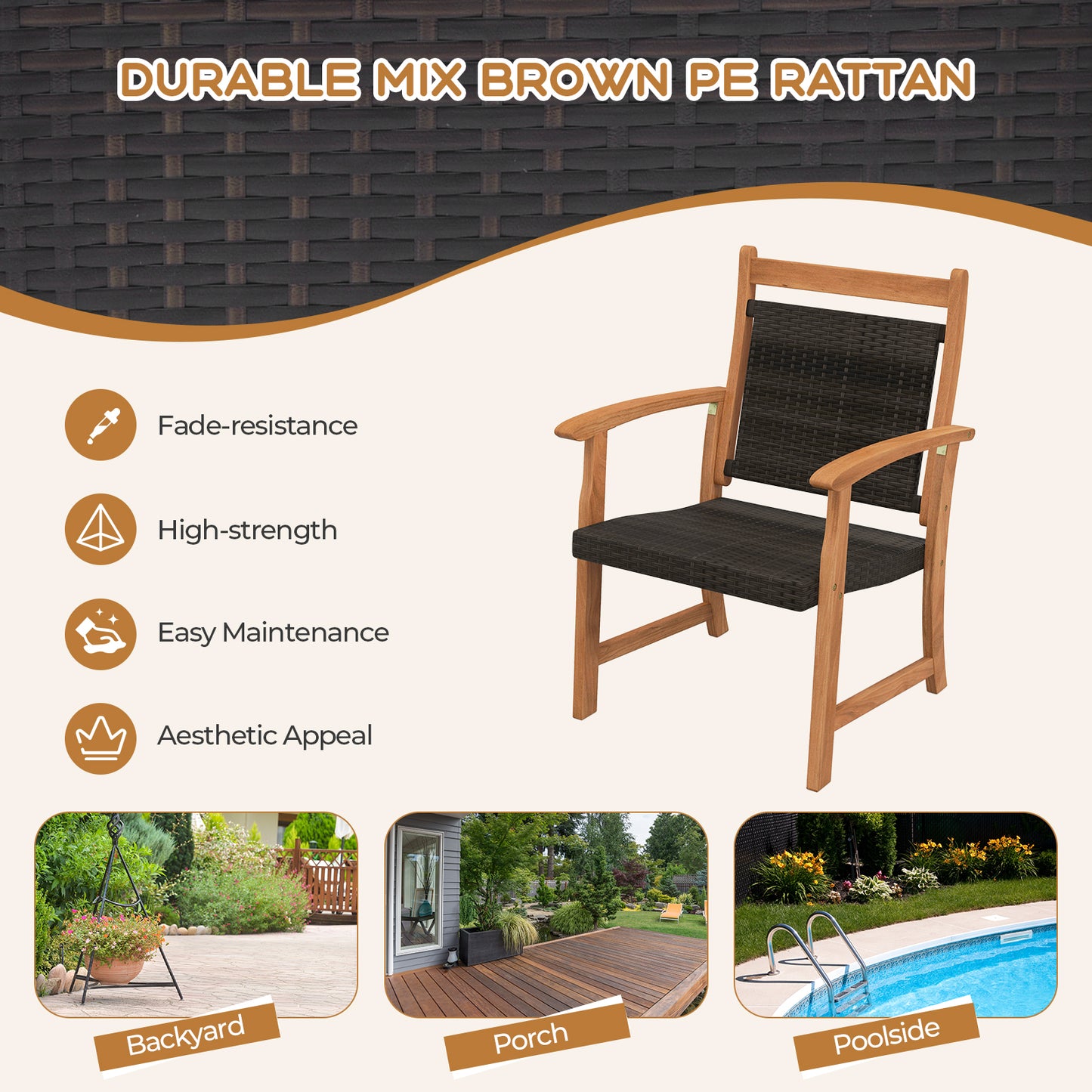 3 Pieces Rattan Bistro Set with Acacia Wood Frame for Garden