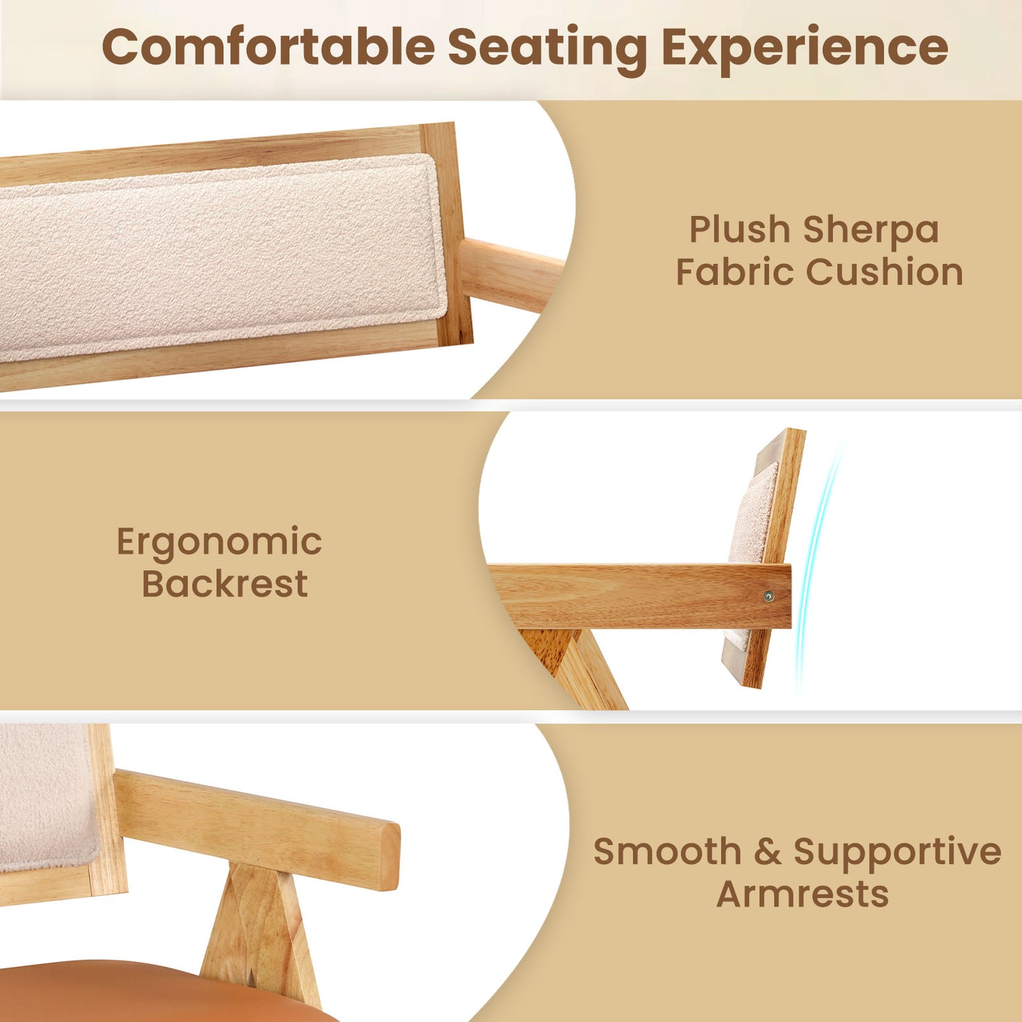 Rubber Wood Dining Bench with Armrest Sherpa Upholstered Backrest and Soft-padded Seat-Natural