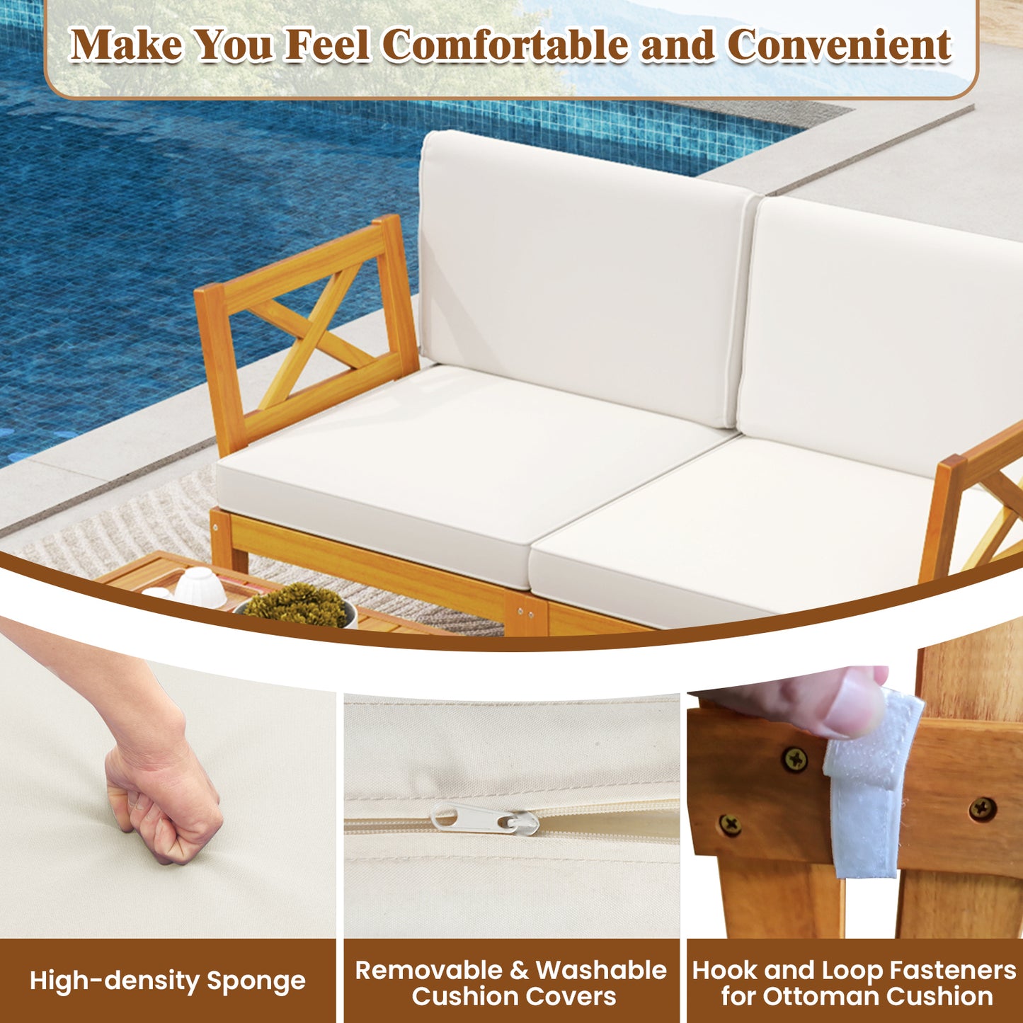 5 Pieces Acacia Wood Patio Furniture Set with 2-Tier Coffee Table and Cushions-White