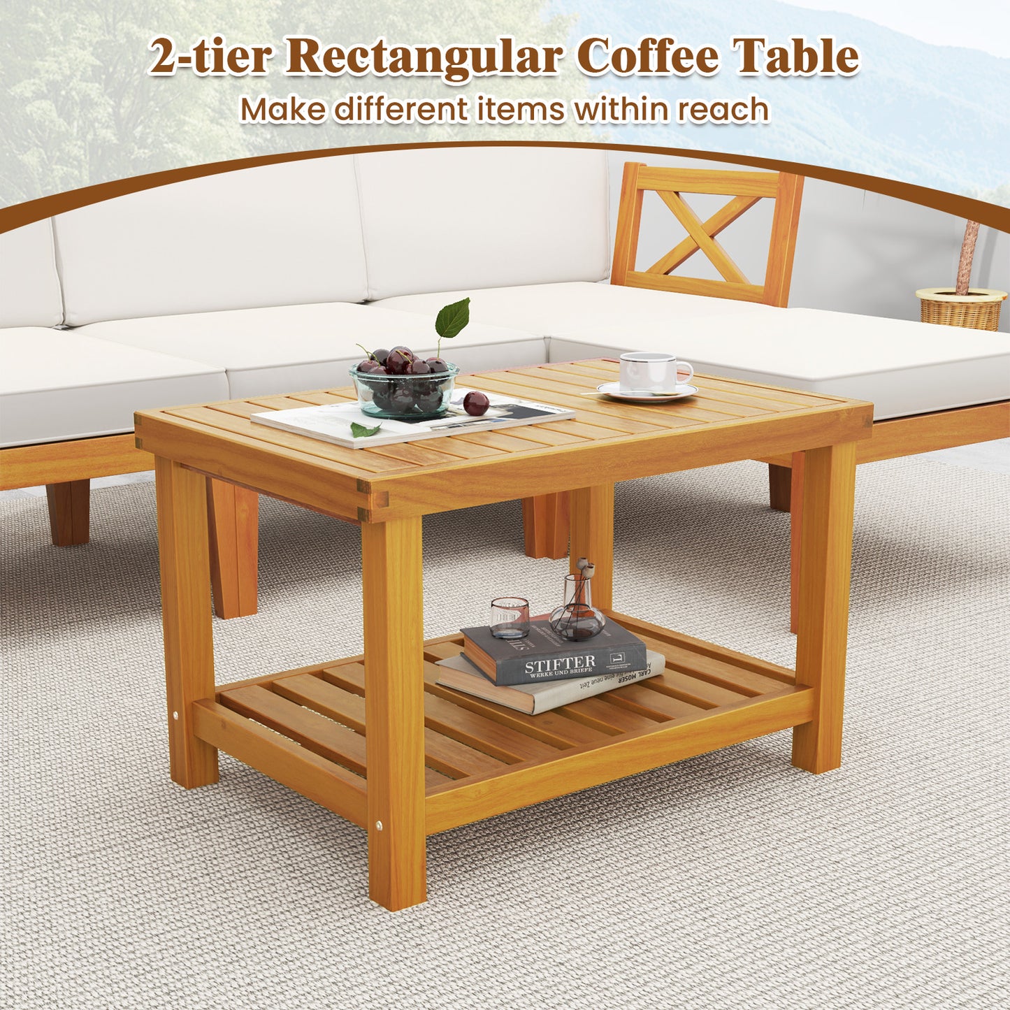 5 Pieces Acacia Wood Patio Furniture Set with 2-Tier Coffee Table and Cushions-White
