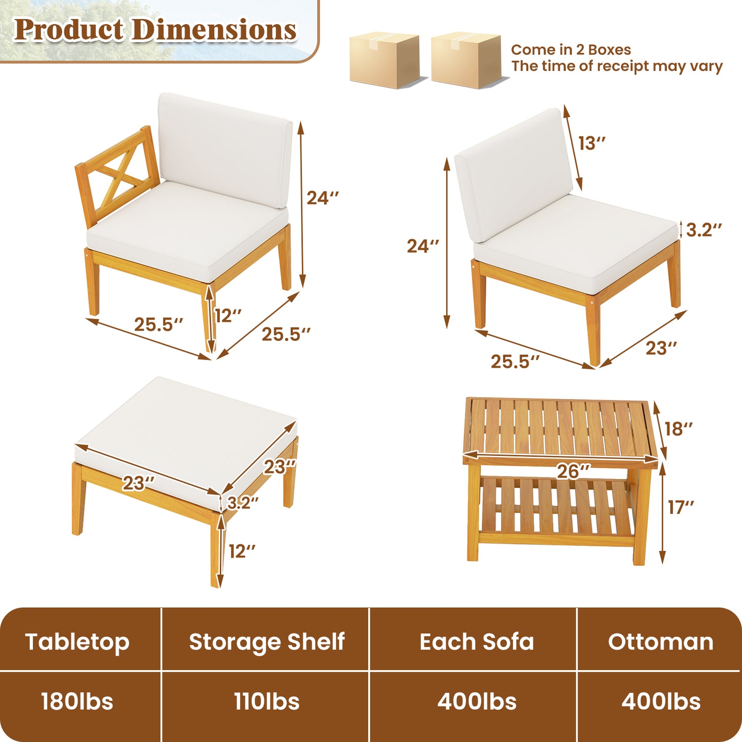 5 Pieces Acacia Wood Patio Furniture Set with 2-Tier Coffee Table and Cushions-White