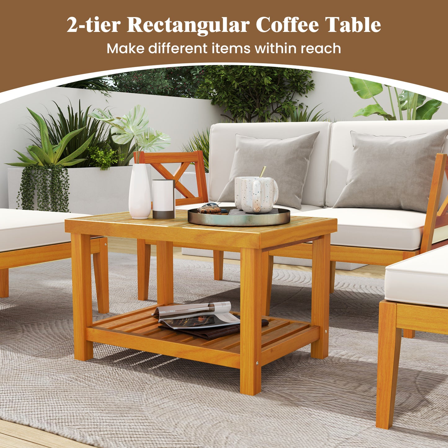 5 Pieces Acacia Wood Patio Chaise Lounge Chair Set with Ottoman and Cushions-White
