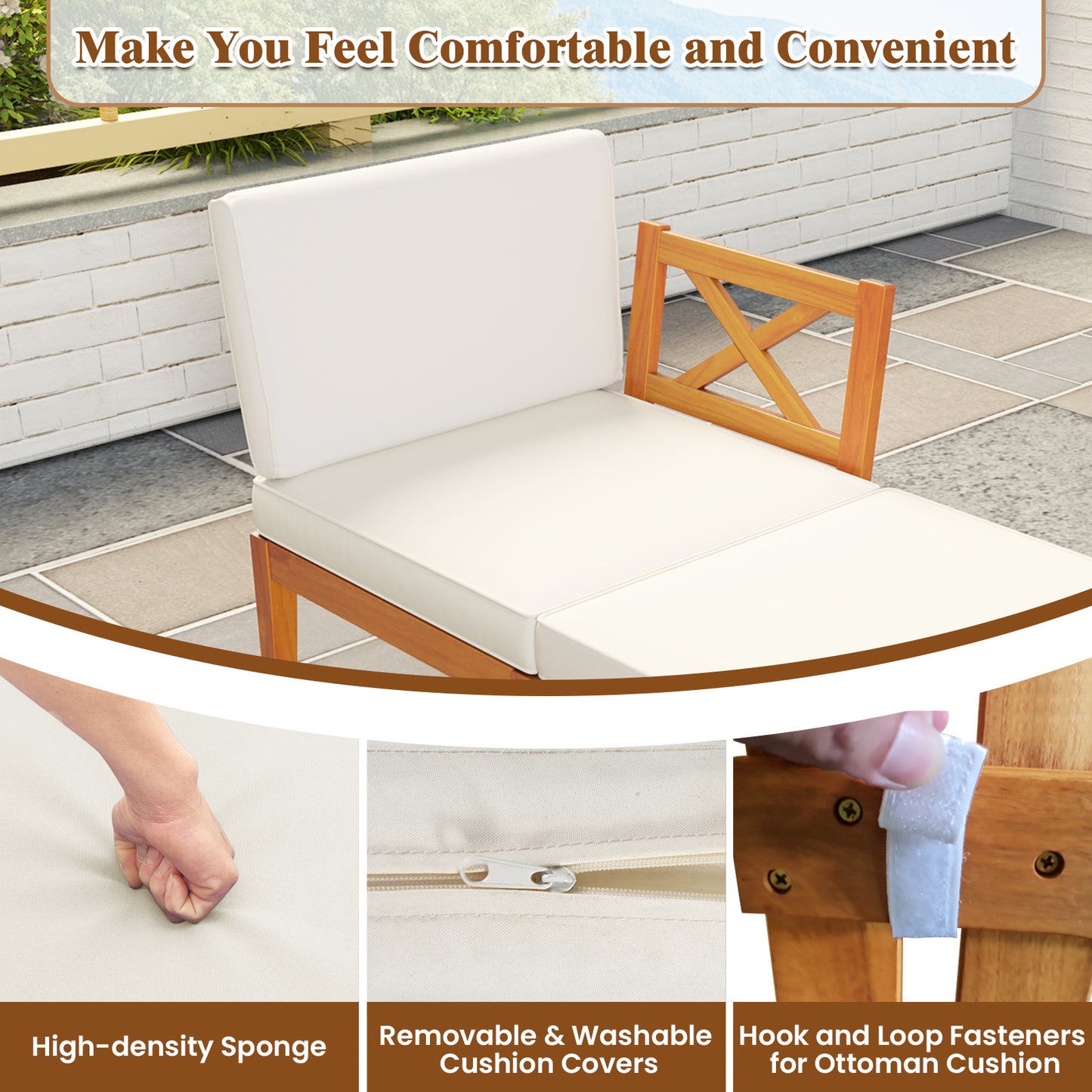 5 Pieces Acacia Wood Patio Chaise Lounge Chair Set with Ottoman and Cushions-White