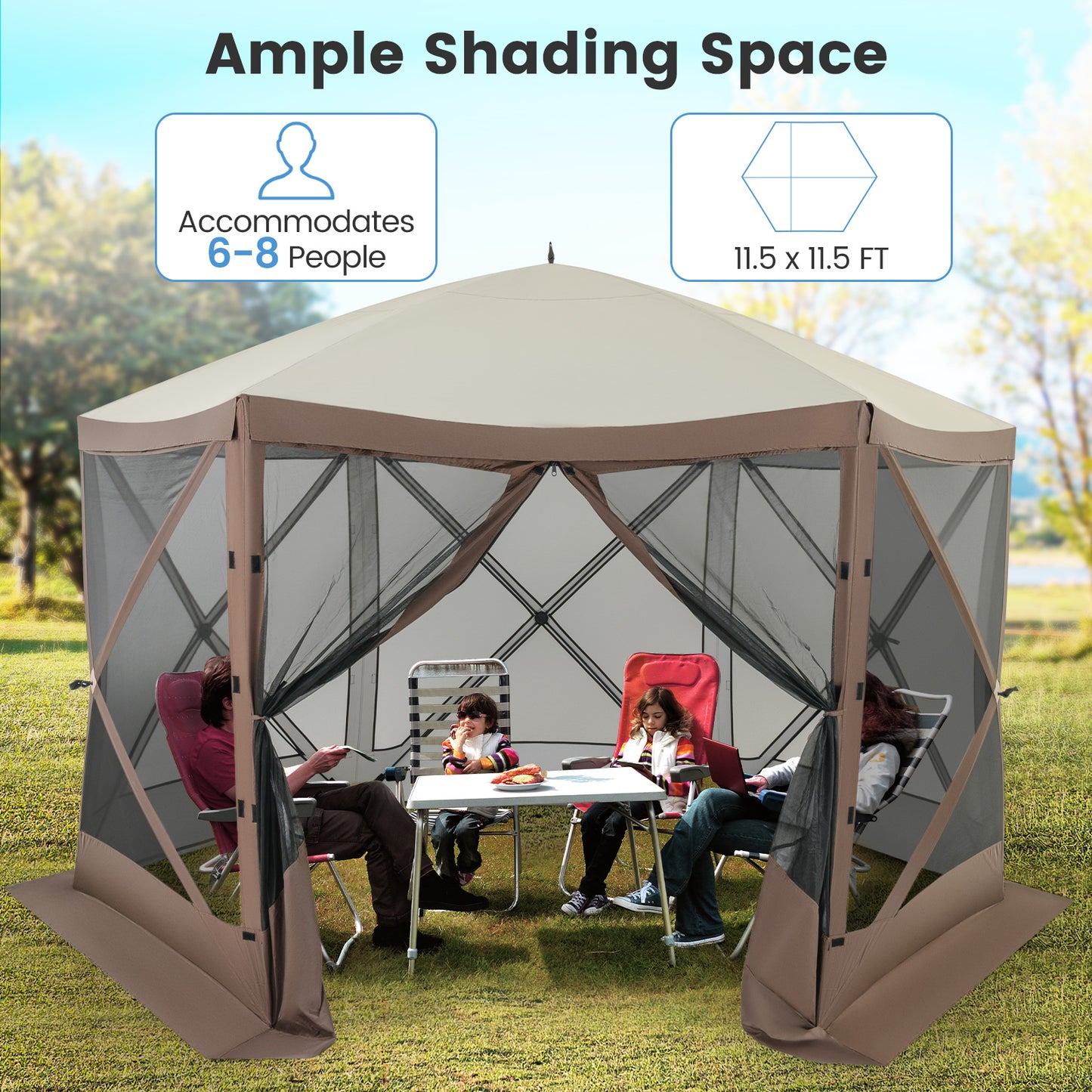 Pop-up Gazebo 6-sided Instant Setup Screen House Hub Tent with Mesh Netting Walls-Coffee