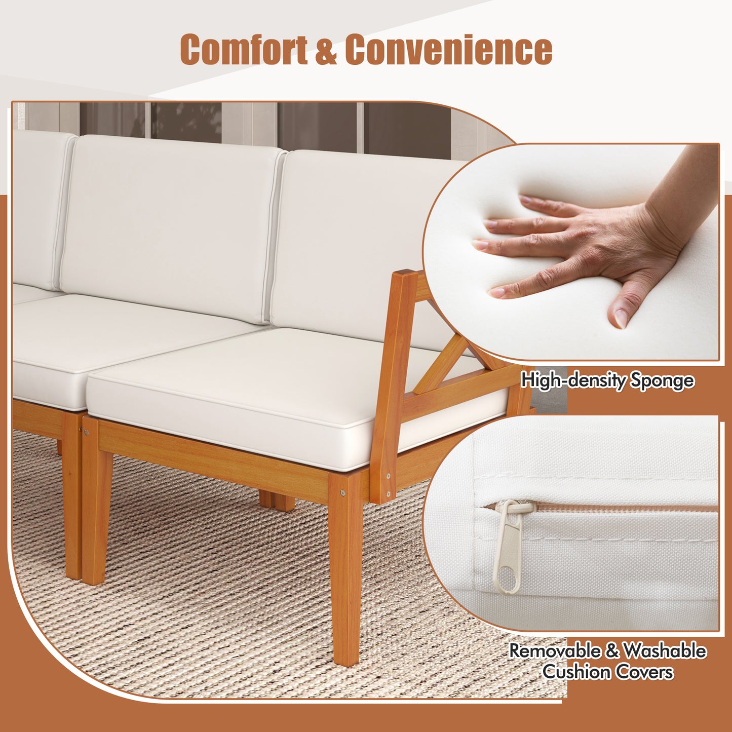 5 Pieces Acacia Wood Patio Furniture Set Outdoor Sectional Conversation Set with Cushions-Off White
