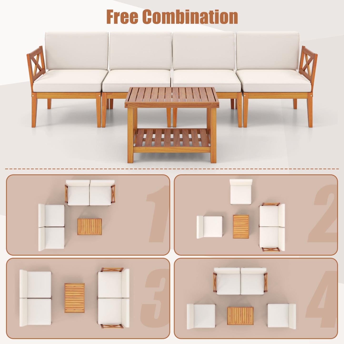 5 Pieces Acacia Wood Patio Furniture Set Outdoor Sectional Conversation Set with Cushions-Off White