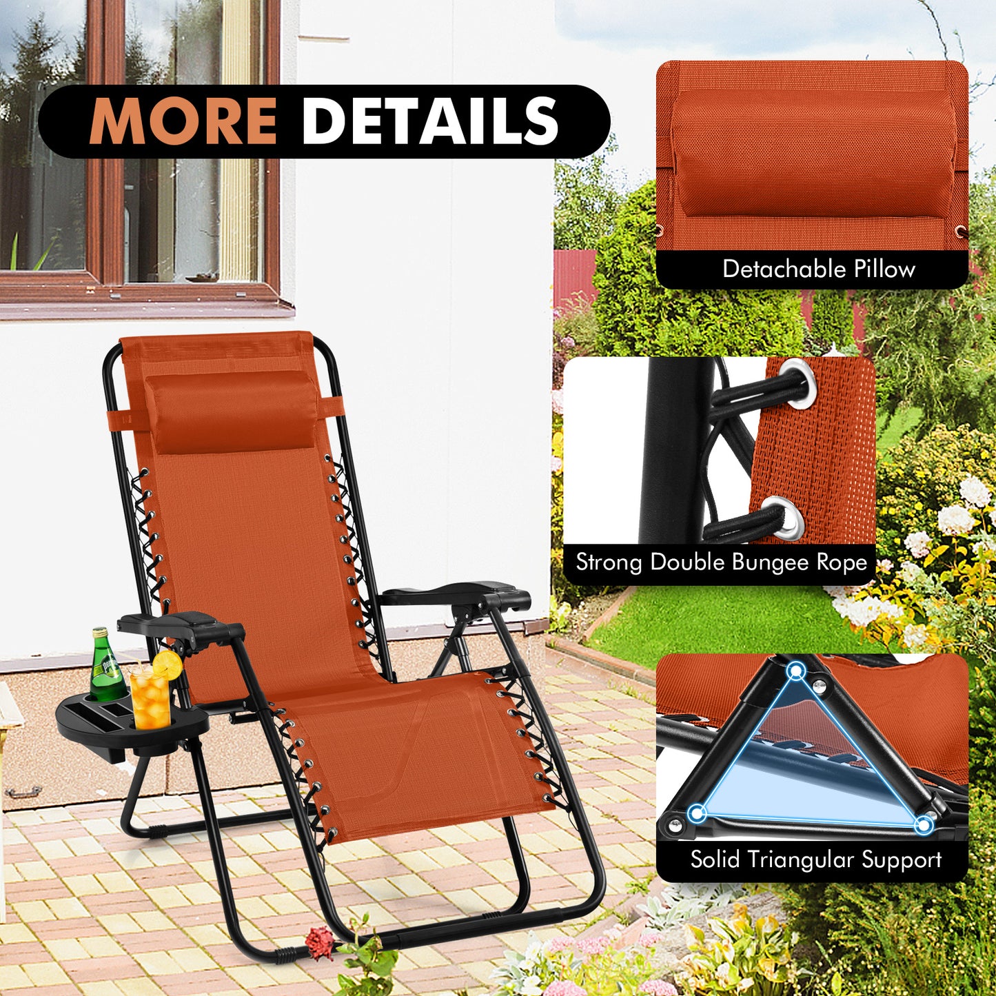 2 Pieces Folding Lounge Chair with Zero Gravity-Orange