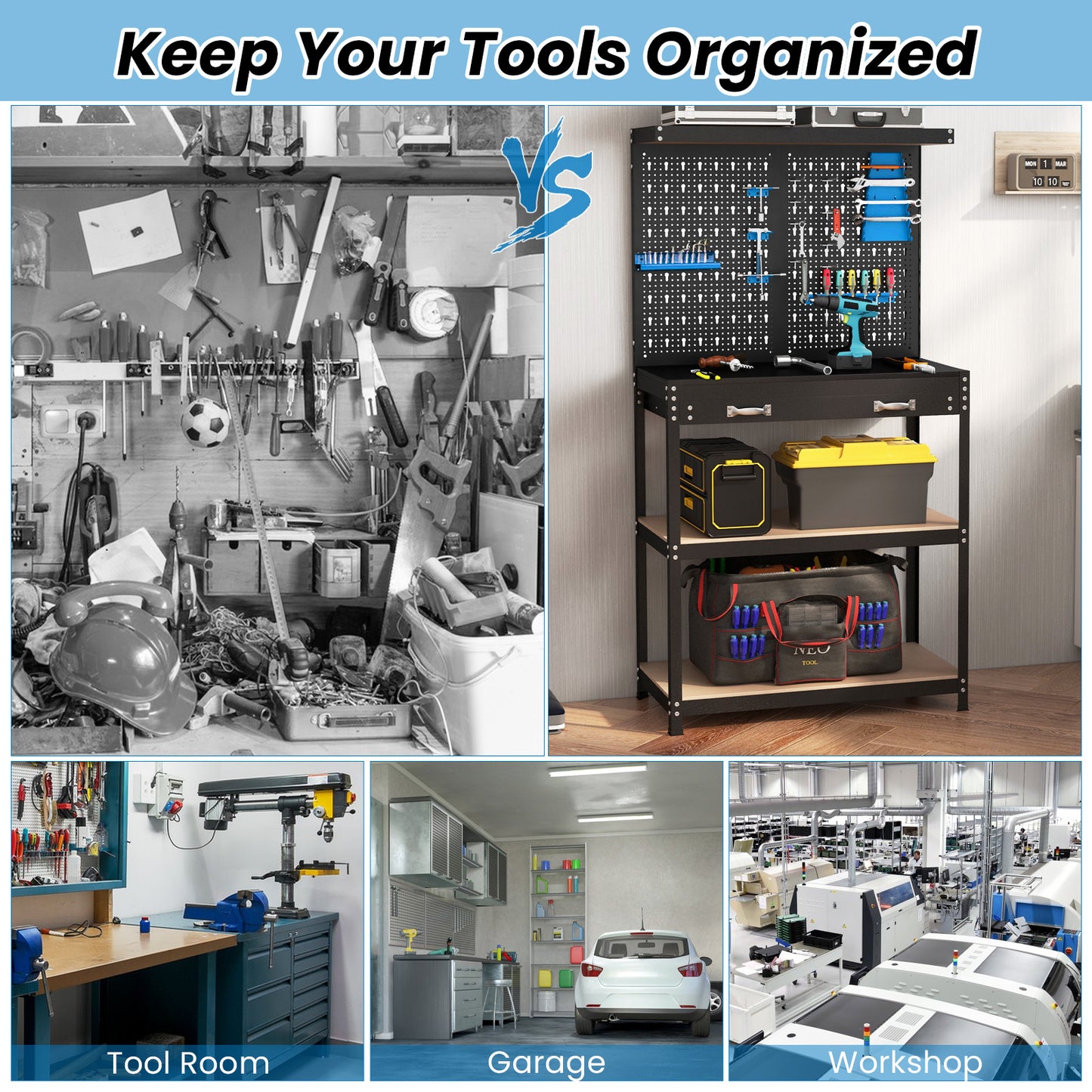 Tool Storage Workbench with Pegboard with 14 Hanging Accessories for Garage-Black and Blue