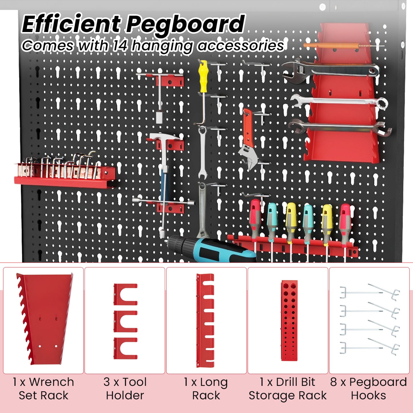 Tool Storage Workbench with Pegboard with 14 Hanging Accessories for Garage-Black and Red