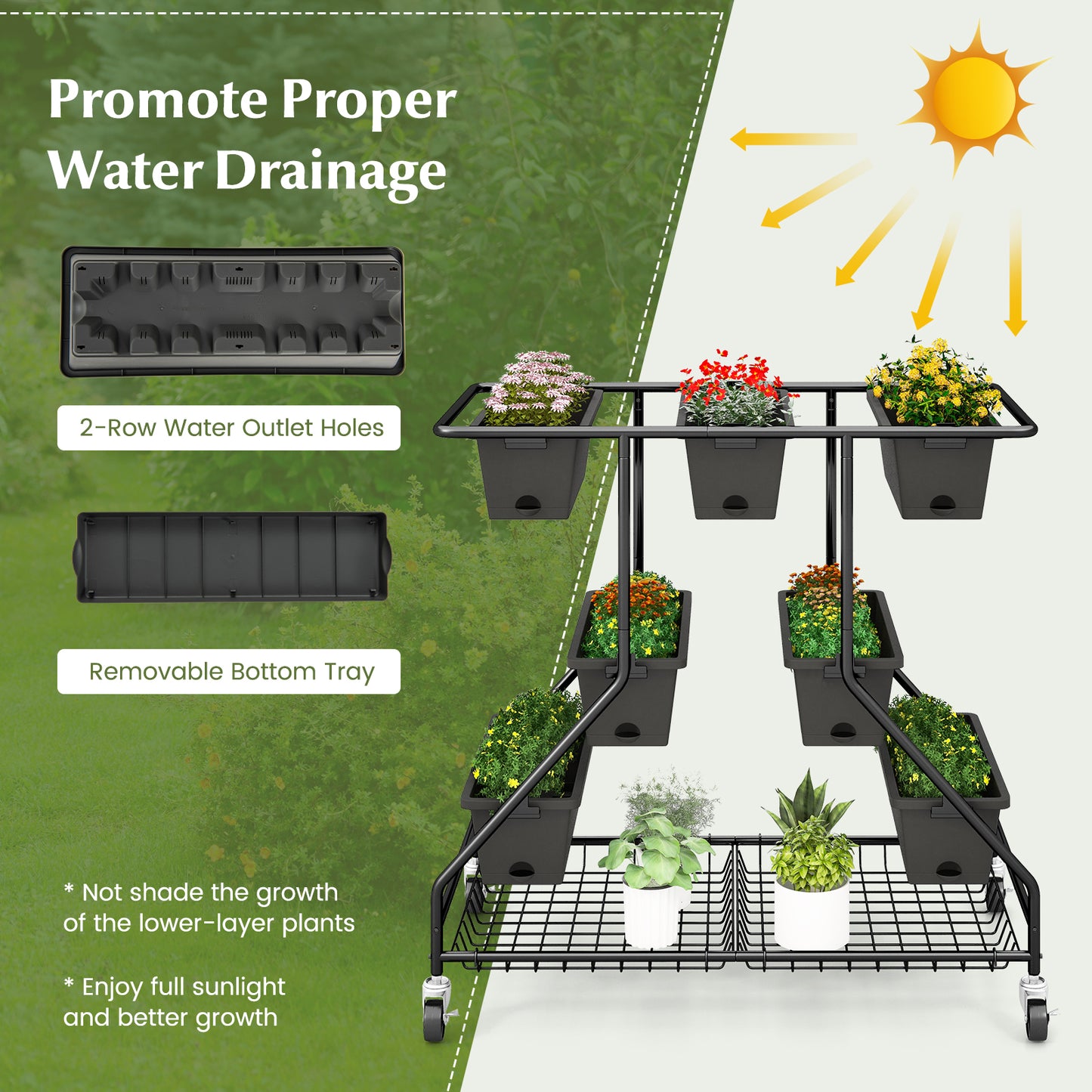 Vertical Raised Garden Bed with 7 Planter Boxes and Storage Baskets-Black