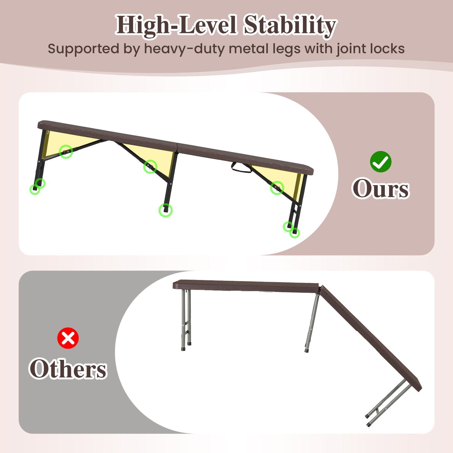 6 Feet Folding HDPE Bench with 1320 LBS Capacity and Handle Lock-Brown