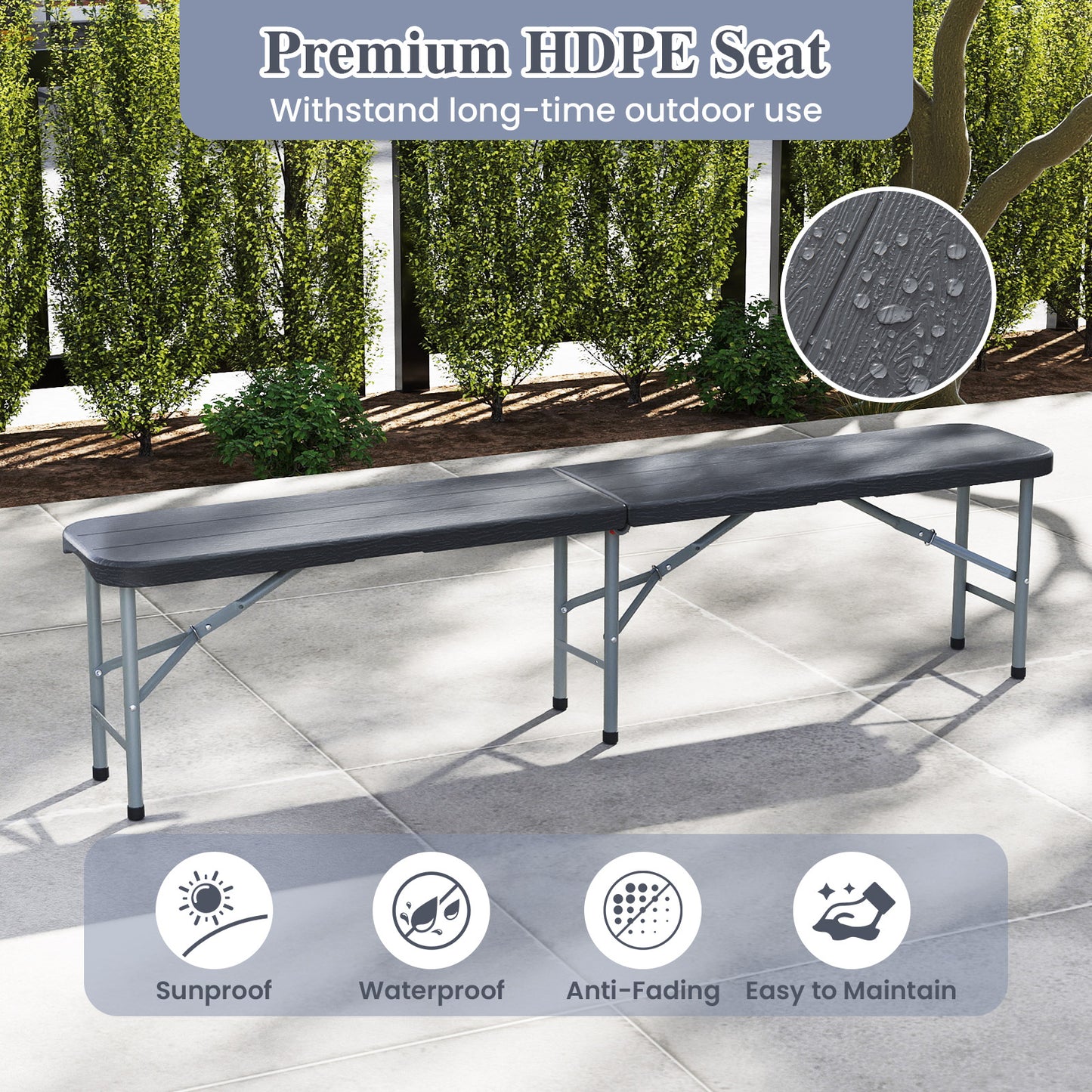 6 Feet Folding HDPE Bench with 1320 LBS Capacity and Handle Lock-Gray